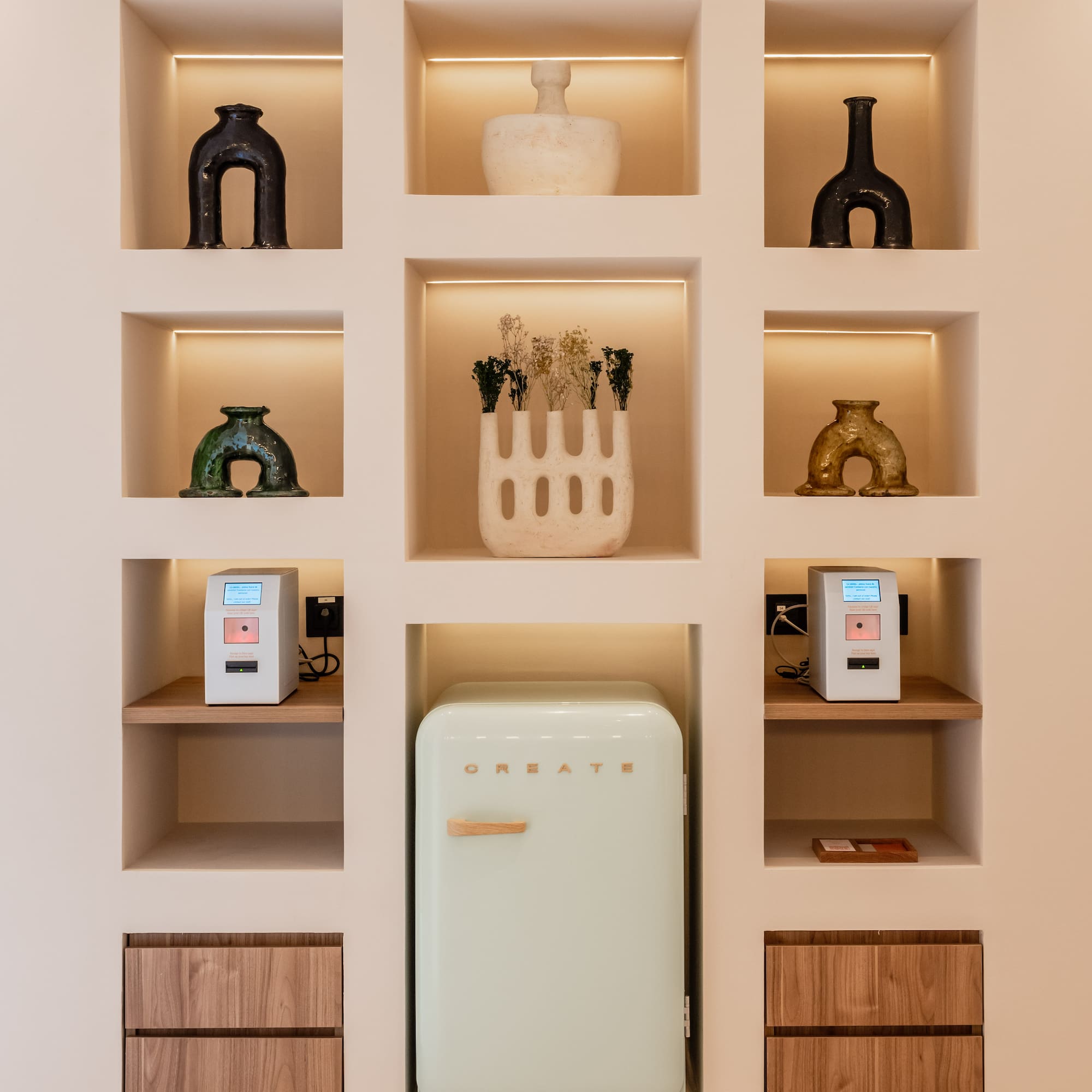 a shelf with shelves and objects on it