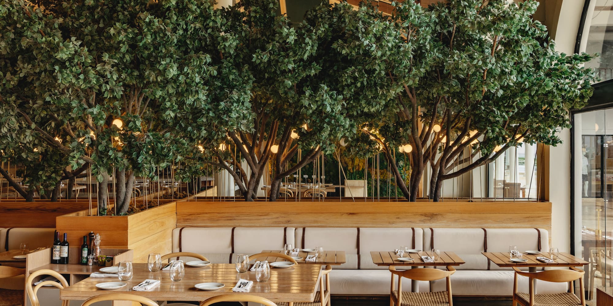 Elegant restaurant dining room with indoor trees, wooden tables, and booths.