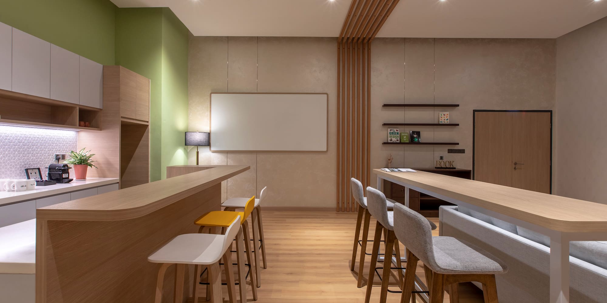 a room with a table and stools