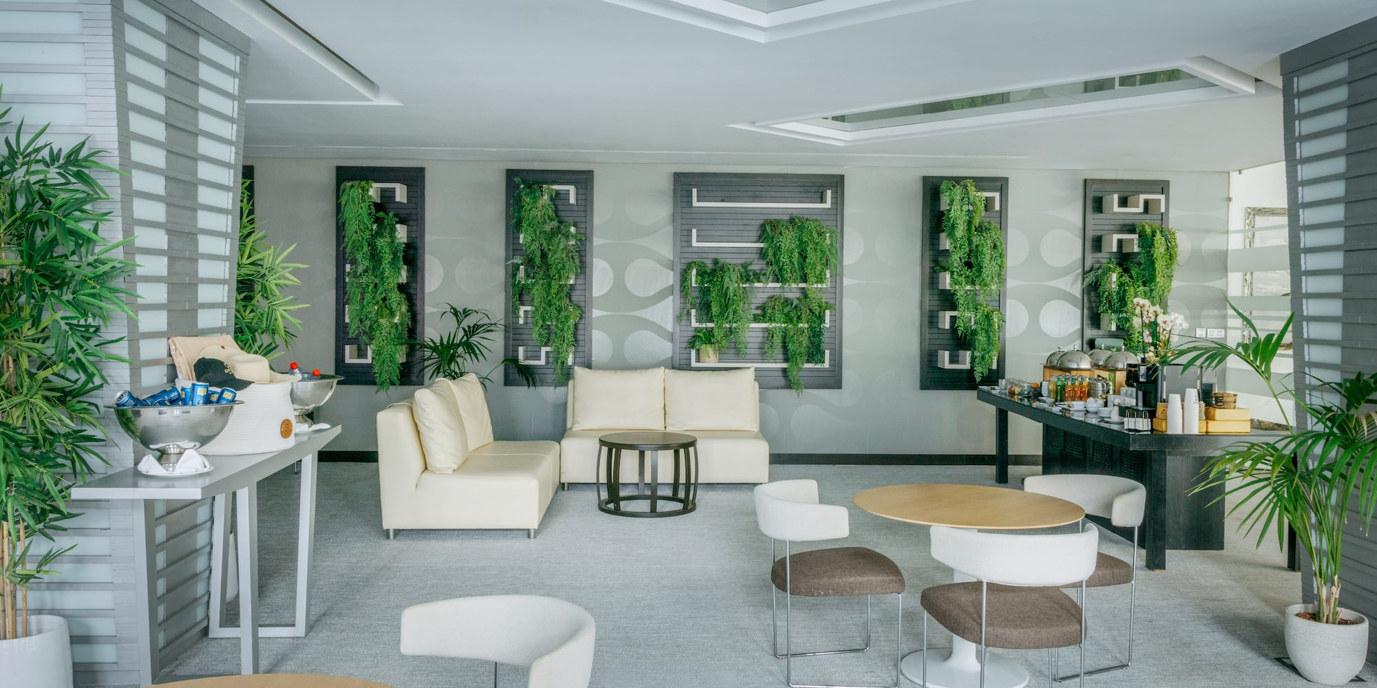 a room with white furniture and green plants