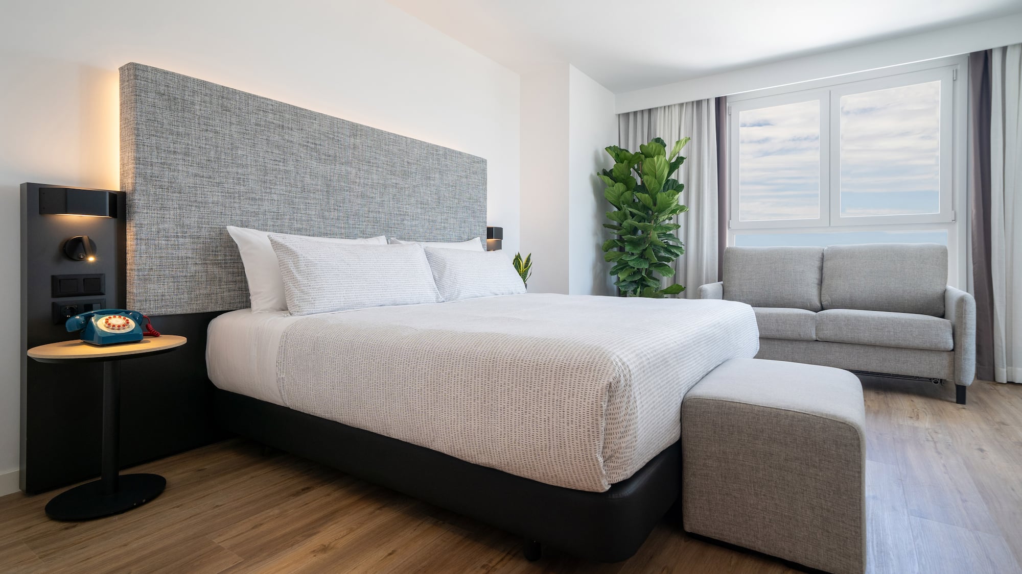 a bedroom with a bed and a couch