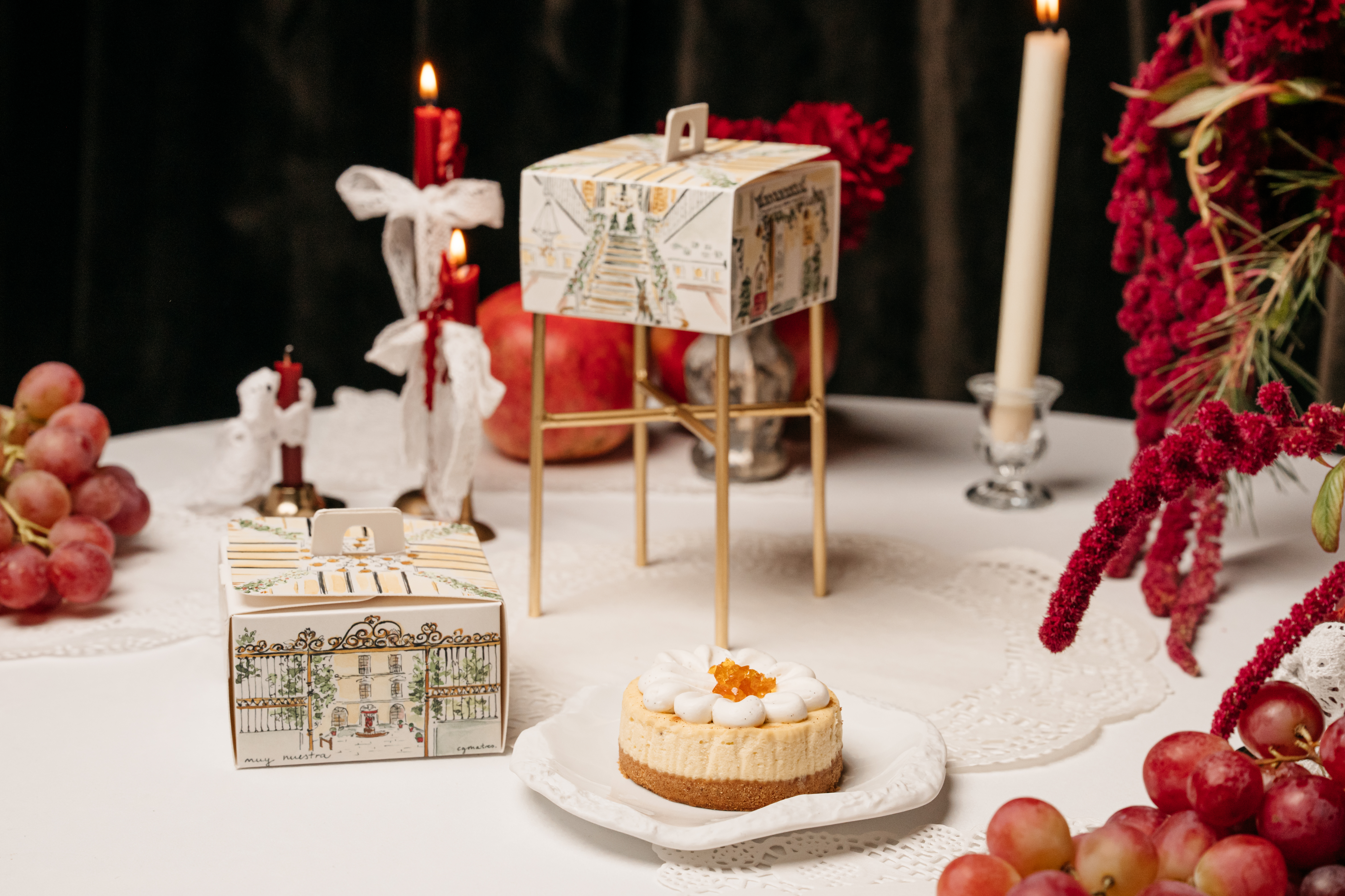 a cake on a plate with fruit and candles
