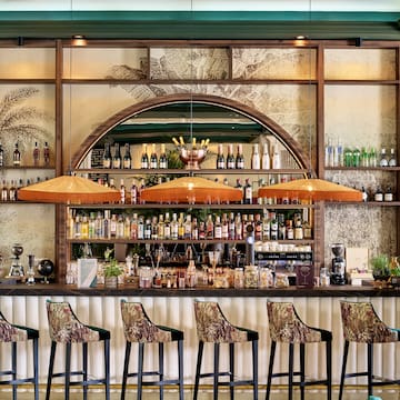 a bar with a row of chairs and bottles