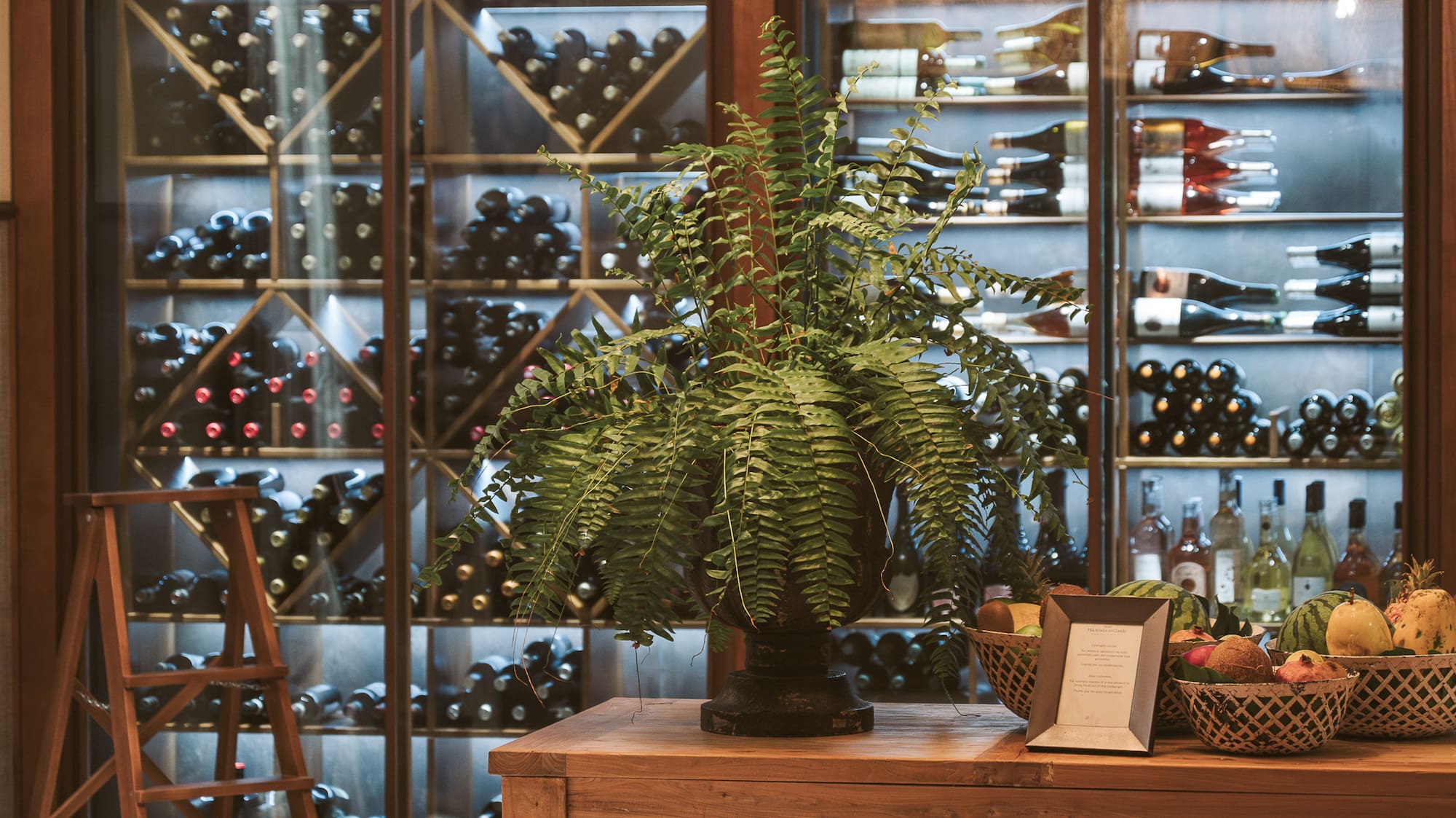 a table with a plant on it and a basket of fruit on it