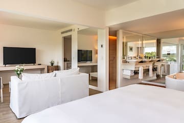 a room with a large bed and a television