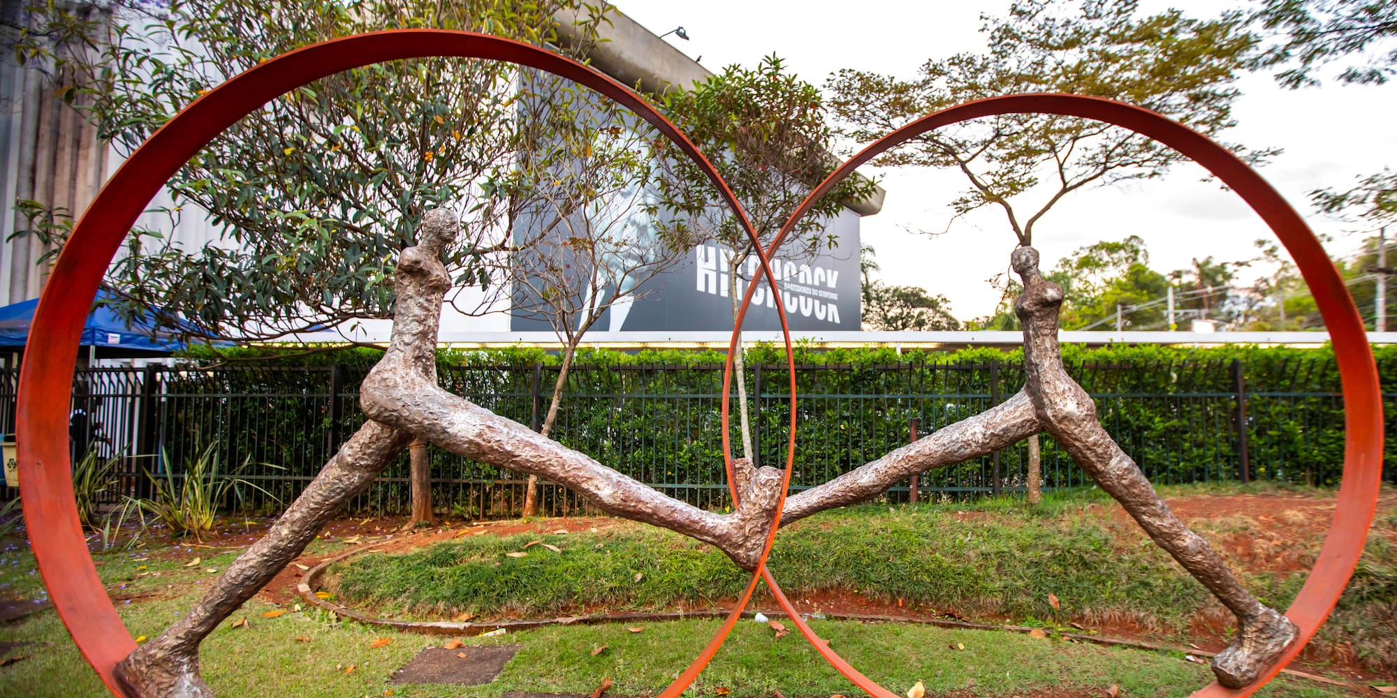 a sculpture of a tree with a couple of rings