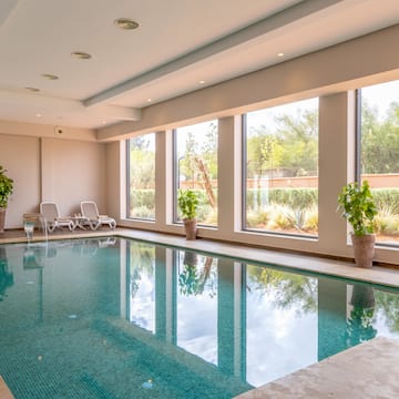 a indoor pool with windows and plants