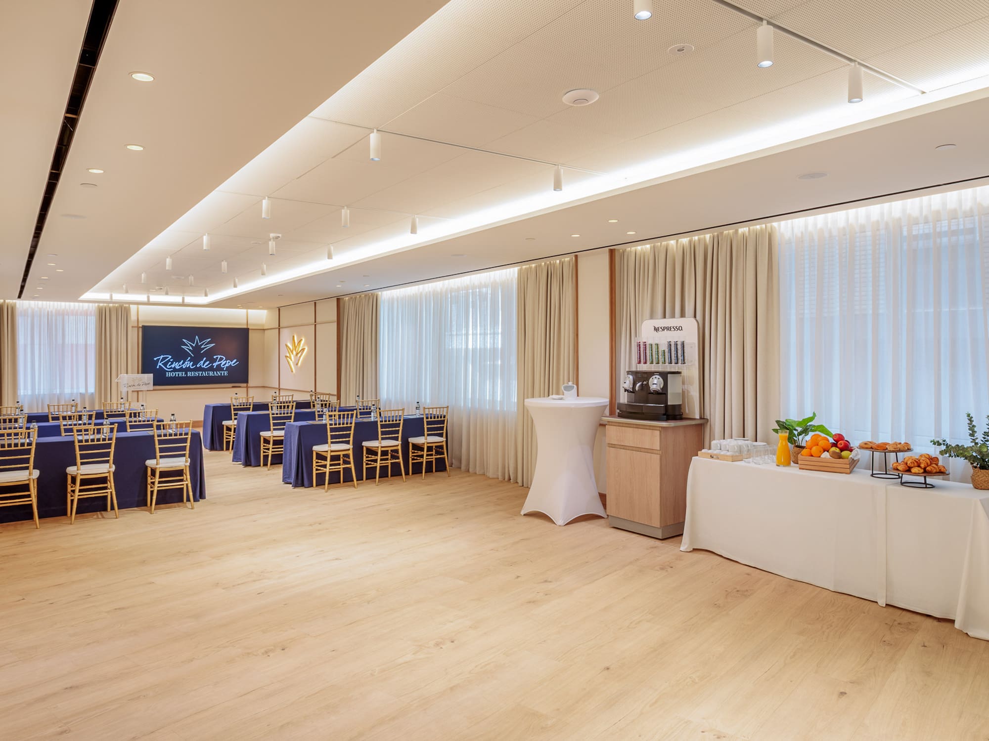 a room with tables and chairs