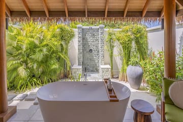 a bathtub outside with plants around it