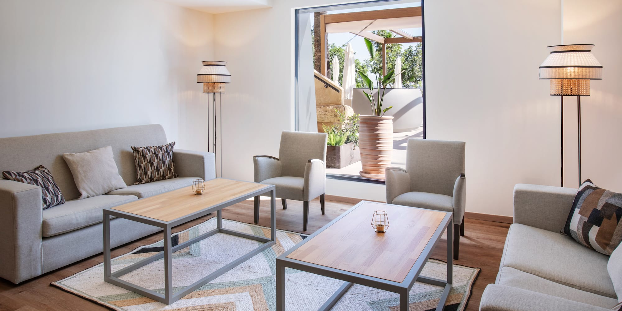 a room with tables and chairs