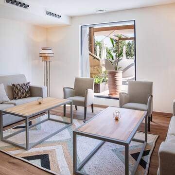 a room with tables and chairs