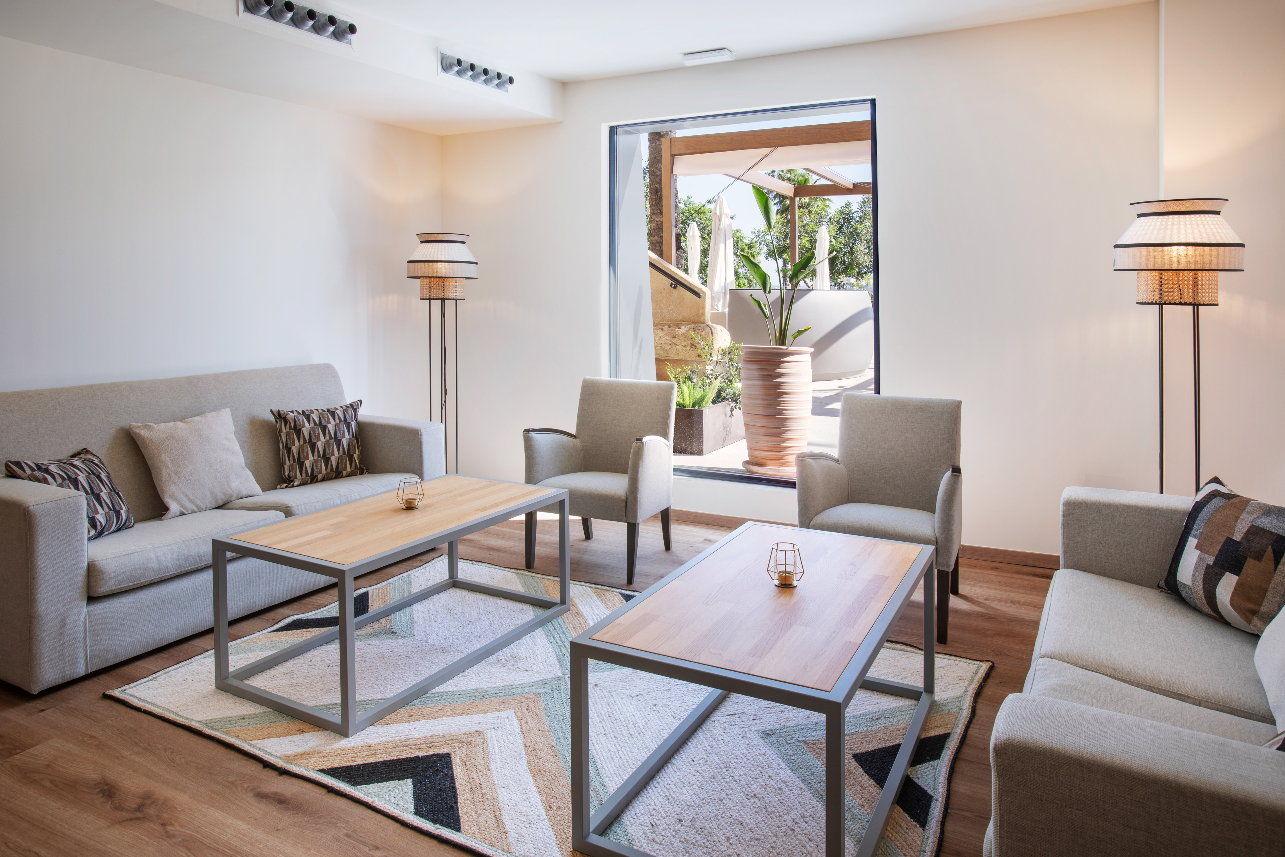 a room with tables and chairs