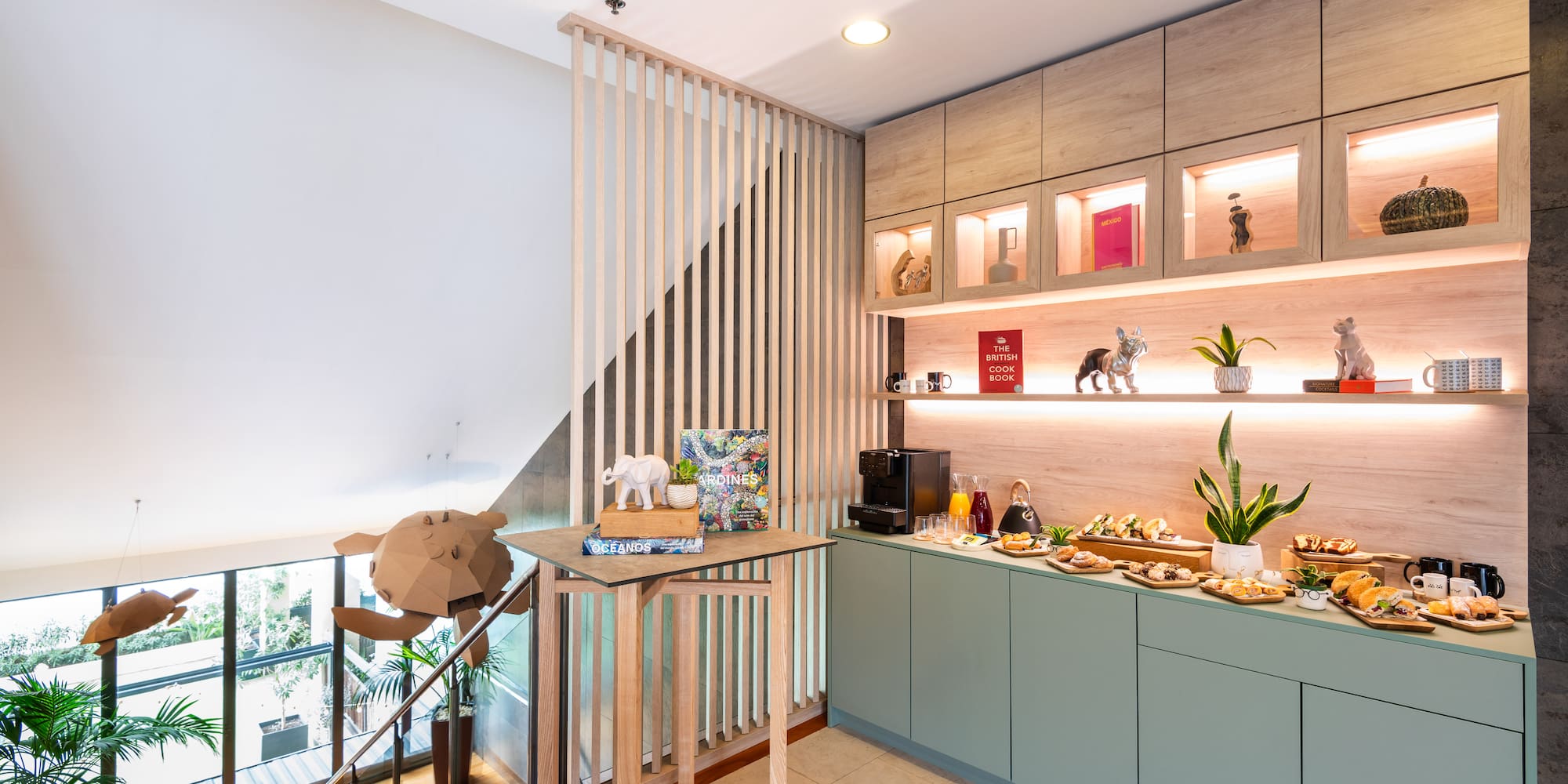 a room with a table and shelves