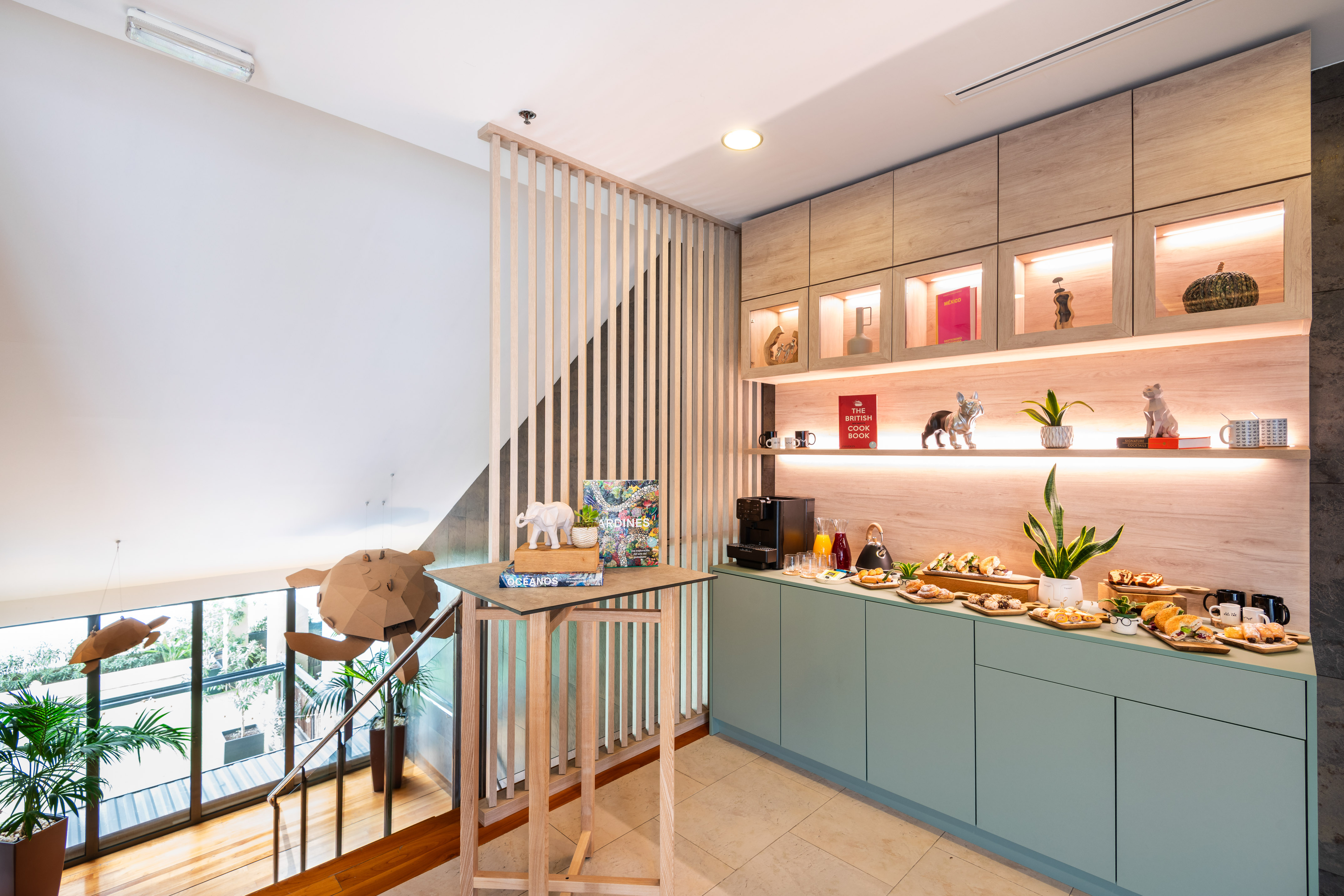 a room with a table and shelves