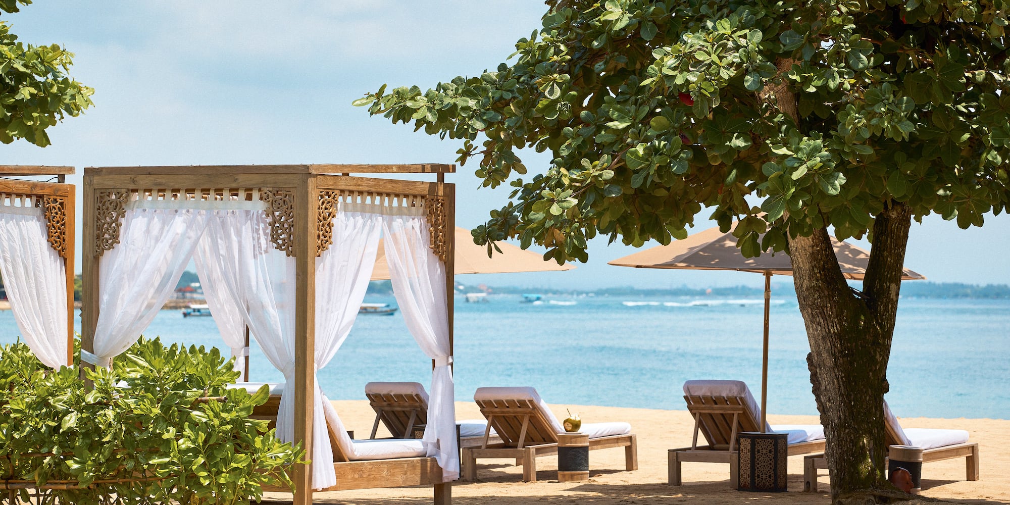 a beach with chairs and umbrellas