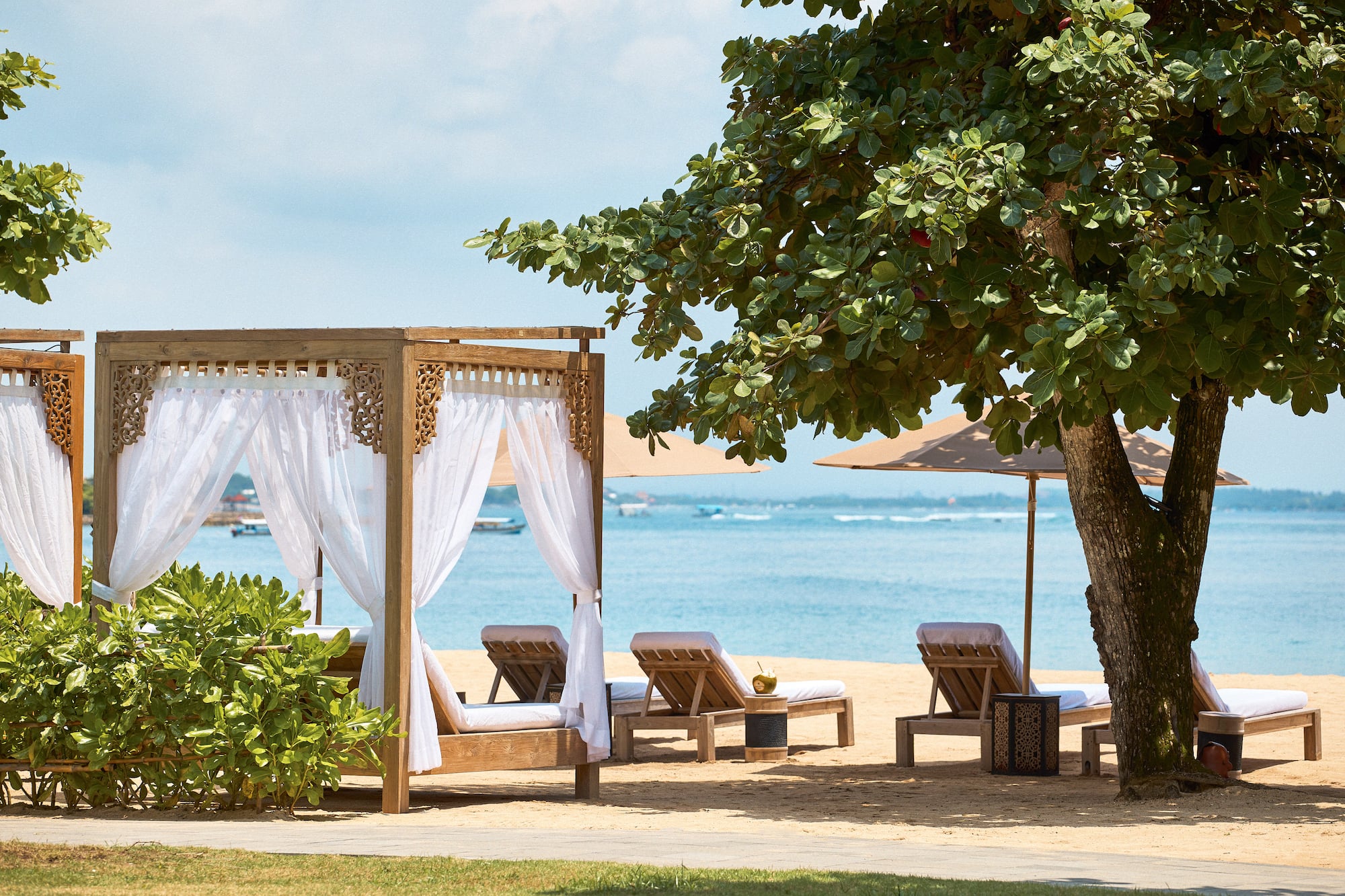 a beach with chairs and umbrellas