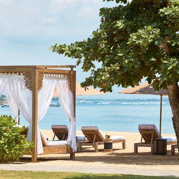 a beach with chairs and umbrellas