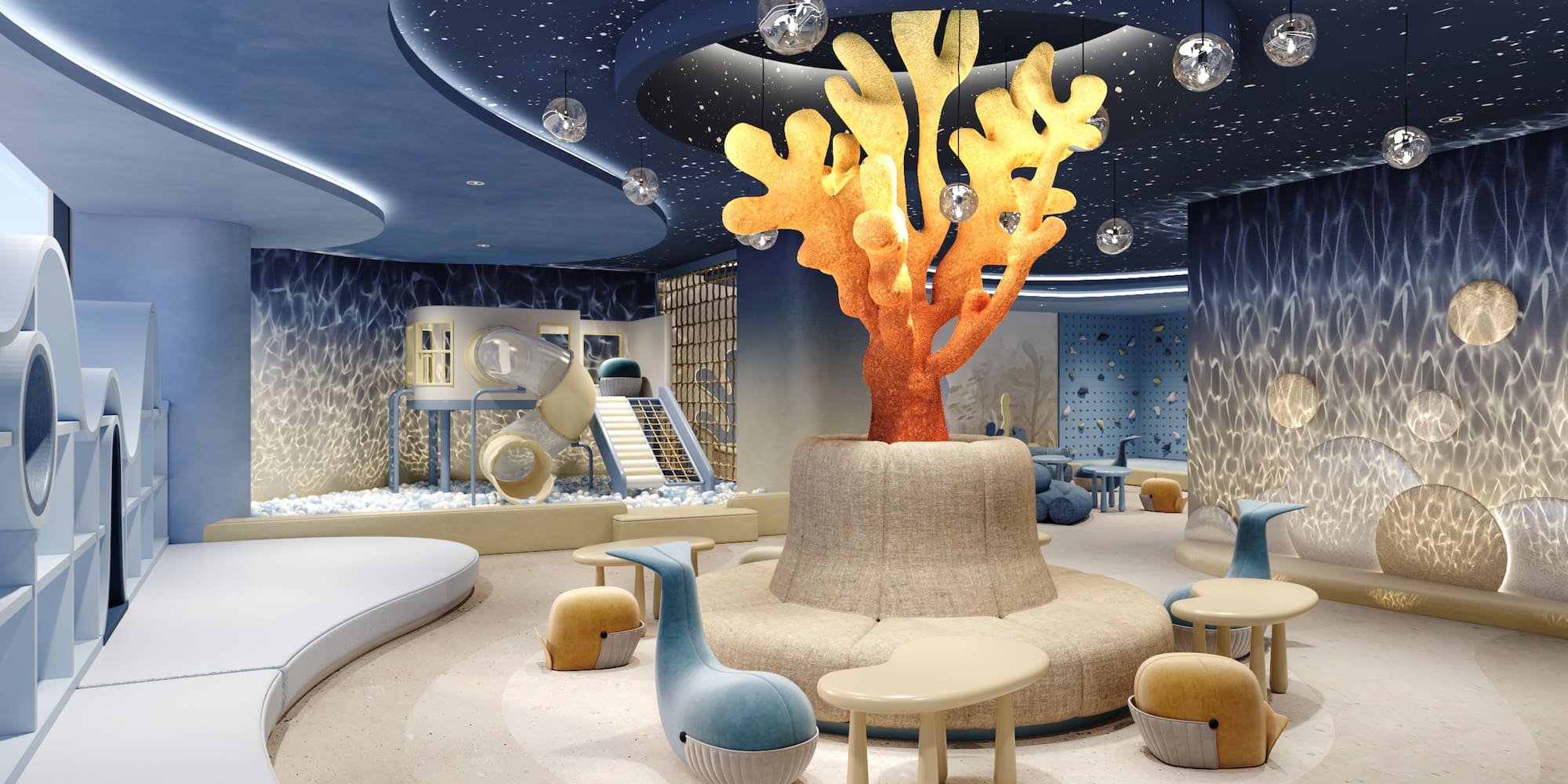 a room with a large tree and a playground