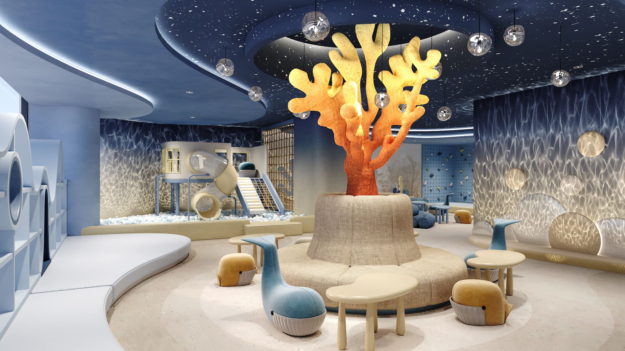 a room with a large tree and a playground