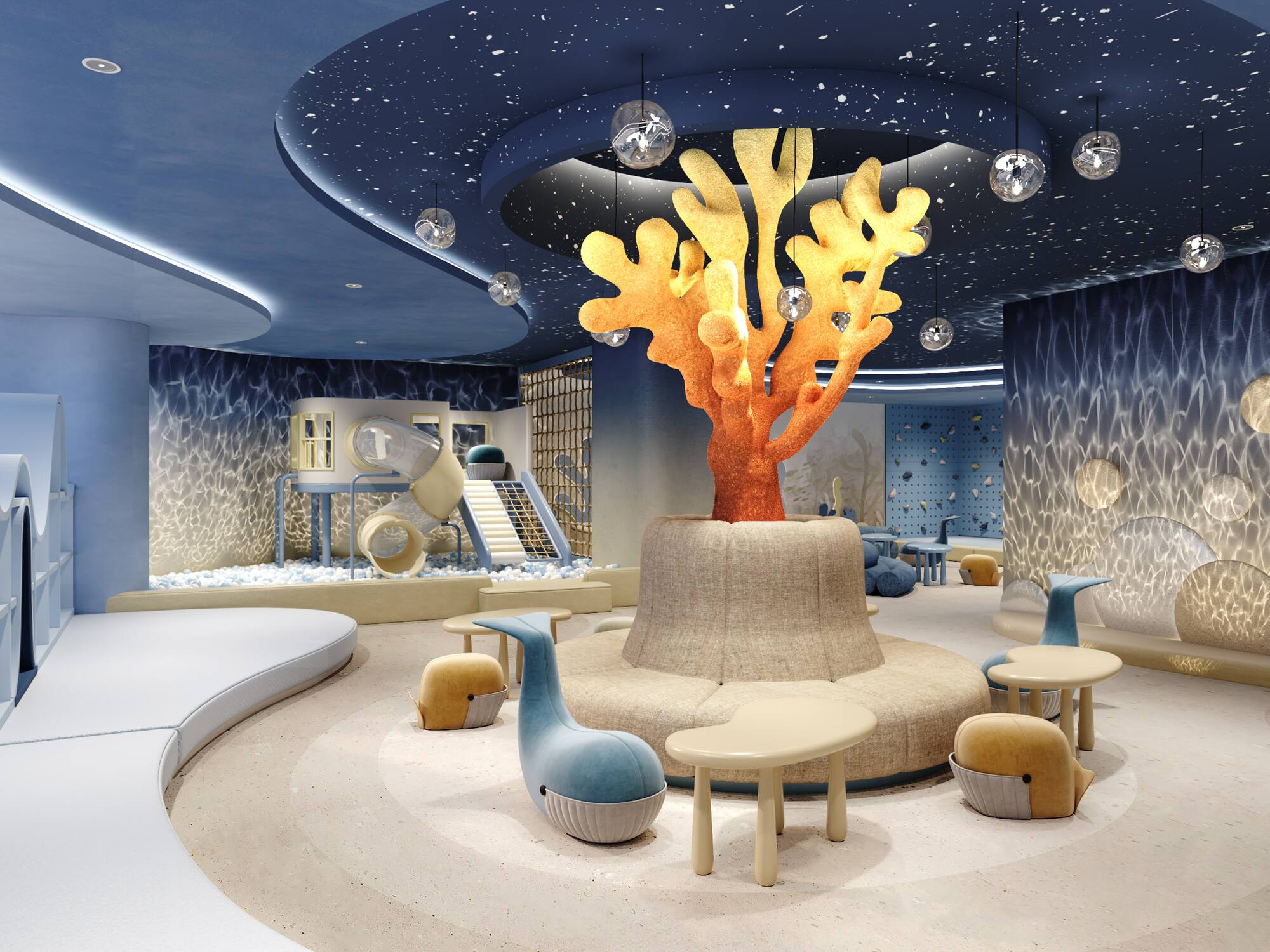 a room with a large tree and a playground