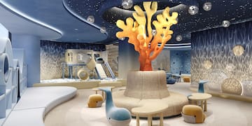 a room with a large tree and a playground