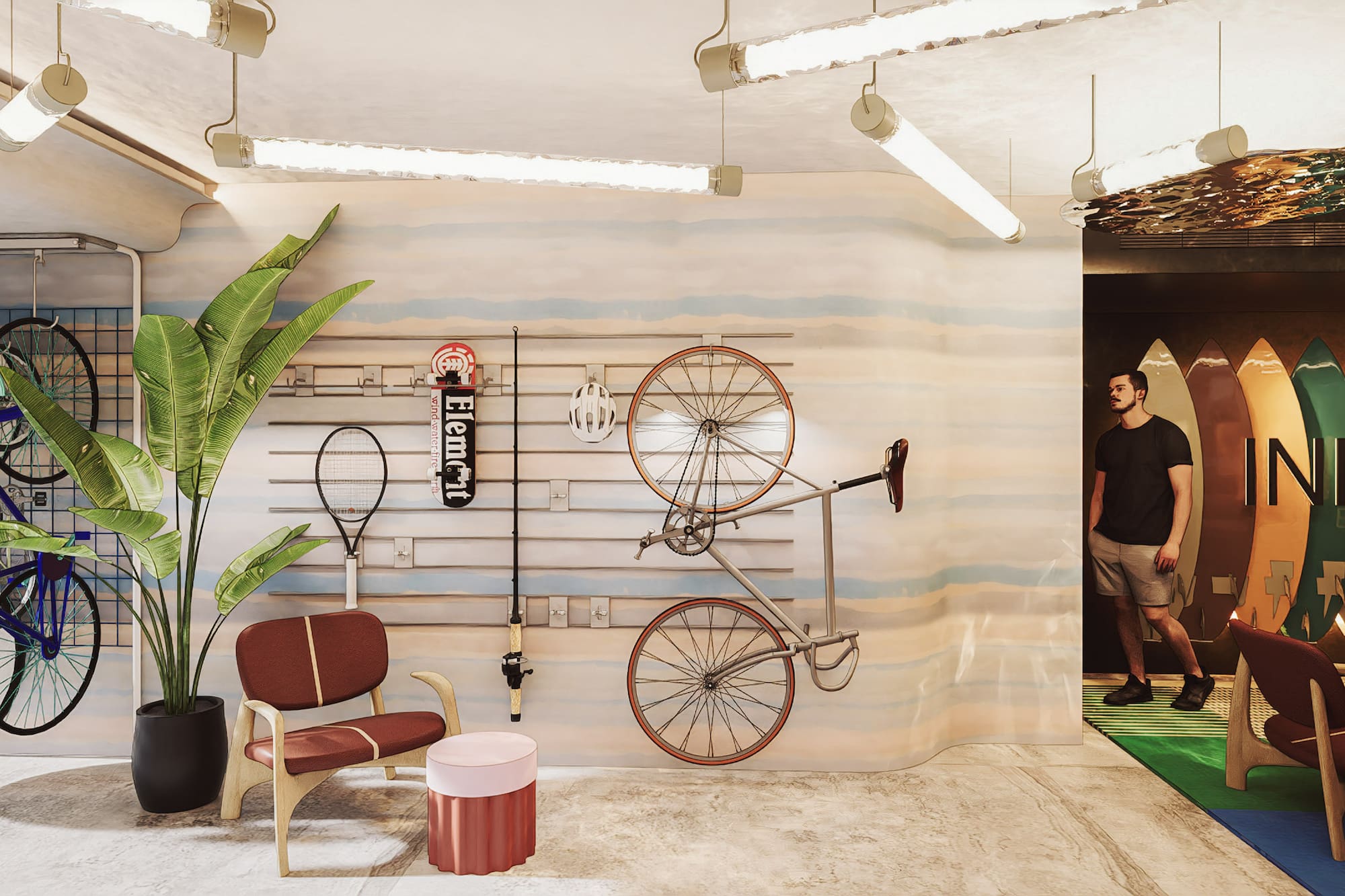 Modern hotel lobby featuring bikes, surfboards, and sports gear.