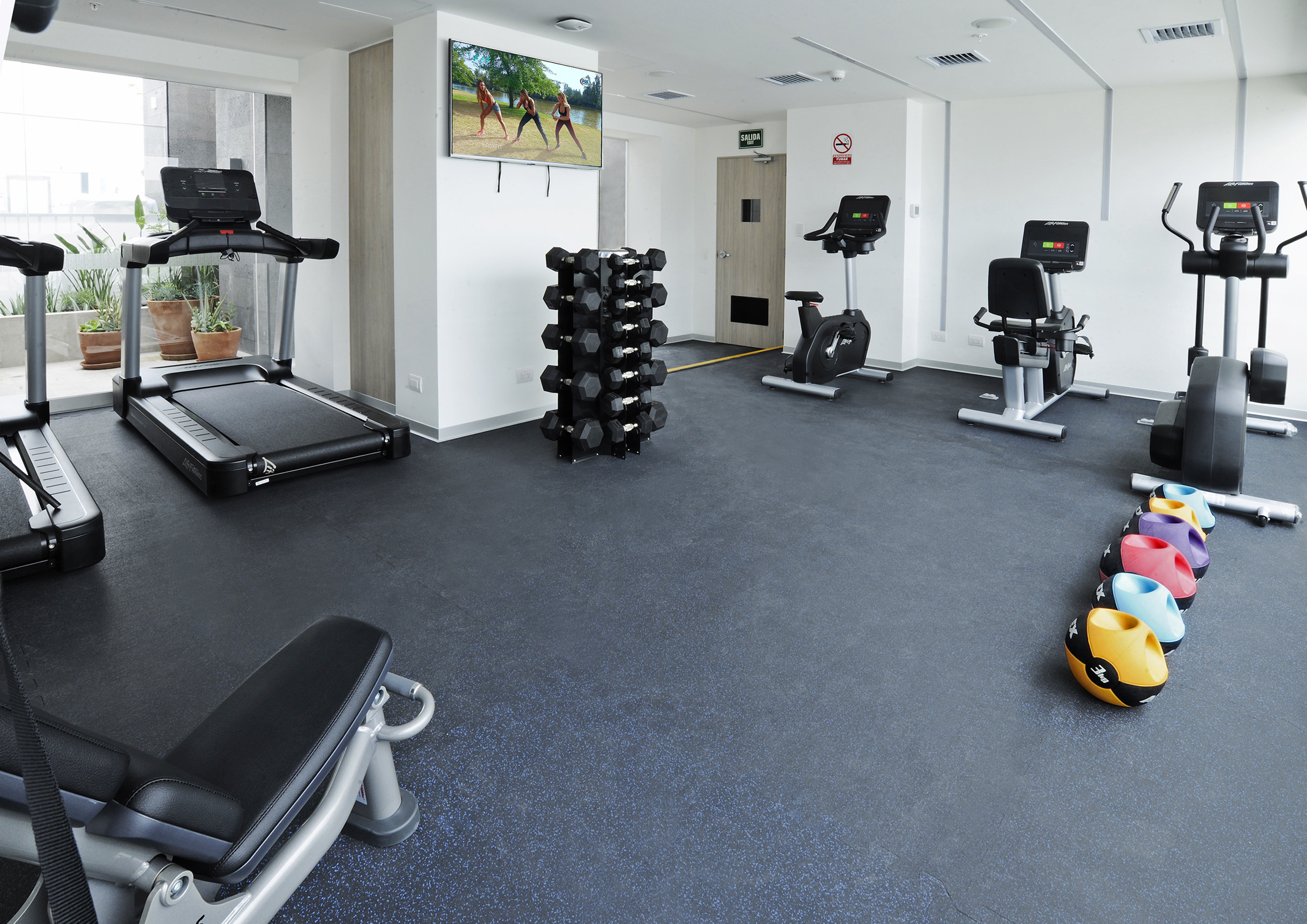 Modern gym with treadmills, exercise bikes, dumbbells, and medicine balls.