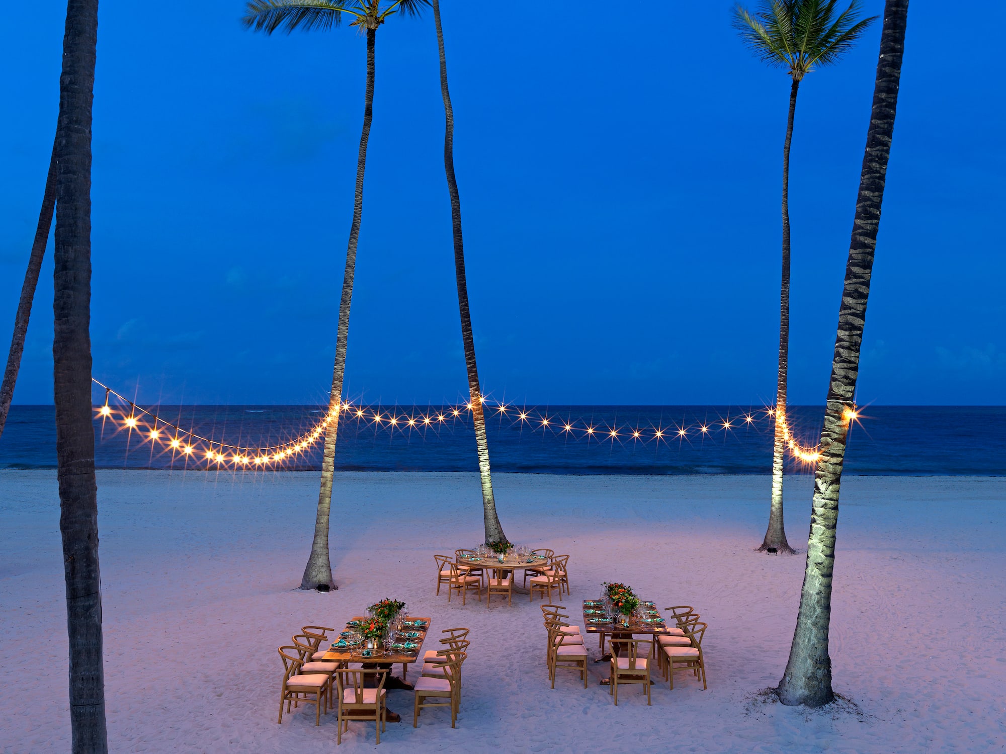 a table set up on a beach with palm trees and string lights