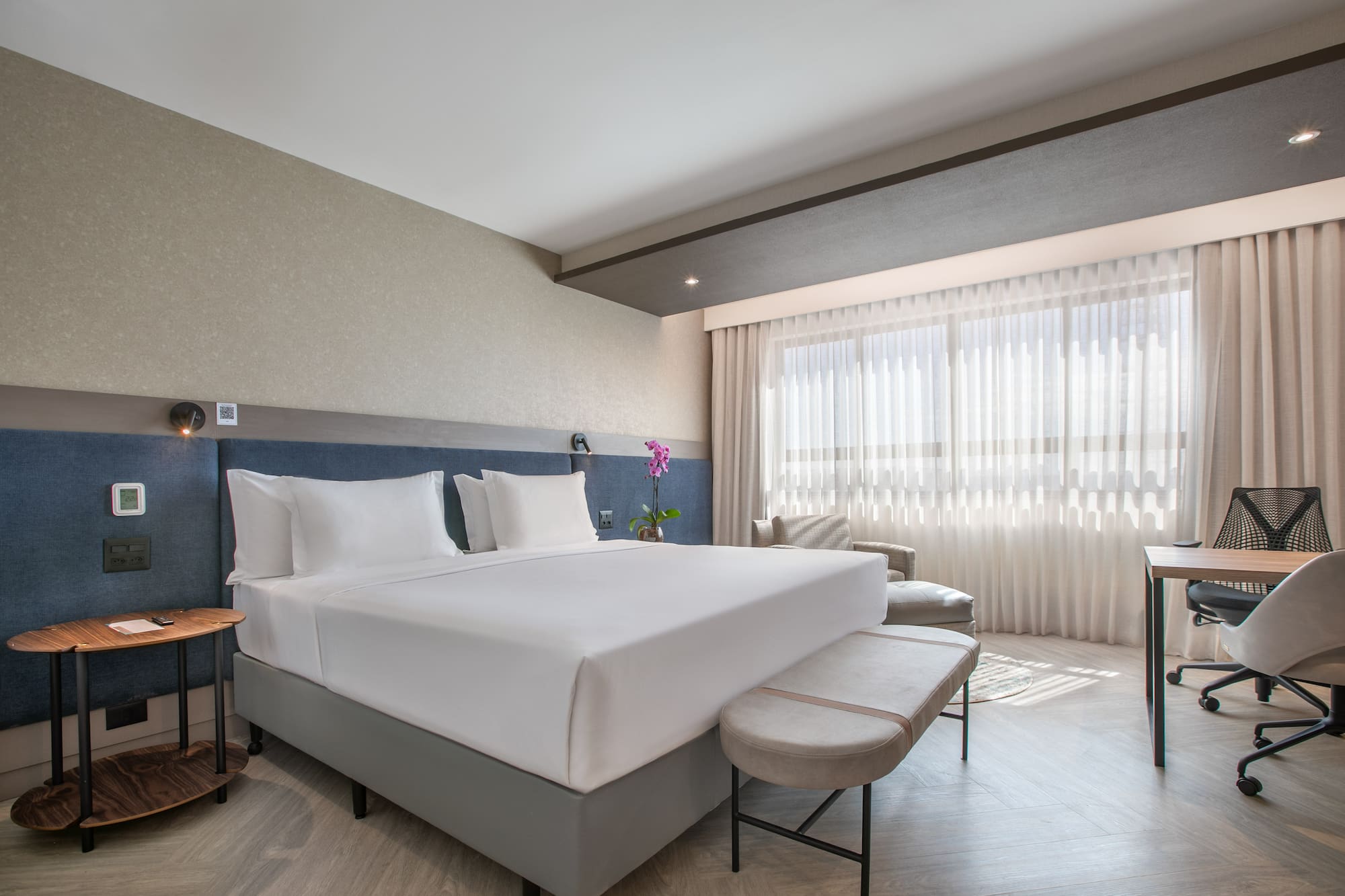 Contemporary hotel bedroom suite with king bed, desk area, and natural light.
