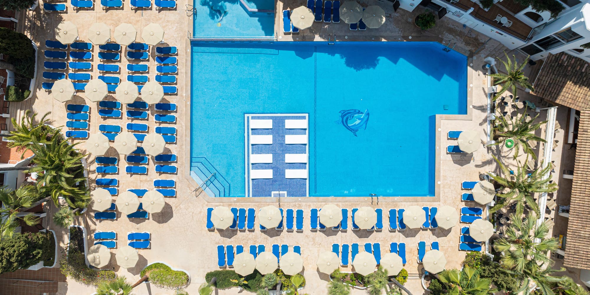 Aerial view: Hotel resort with large pool, blue lounge chairs, parasols, palm trees.