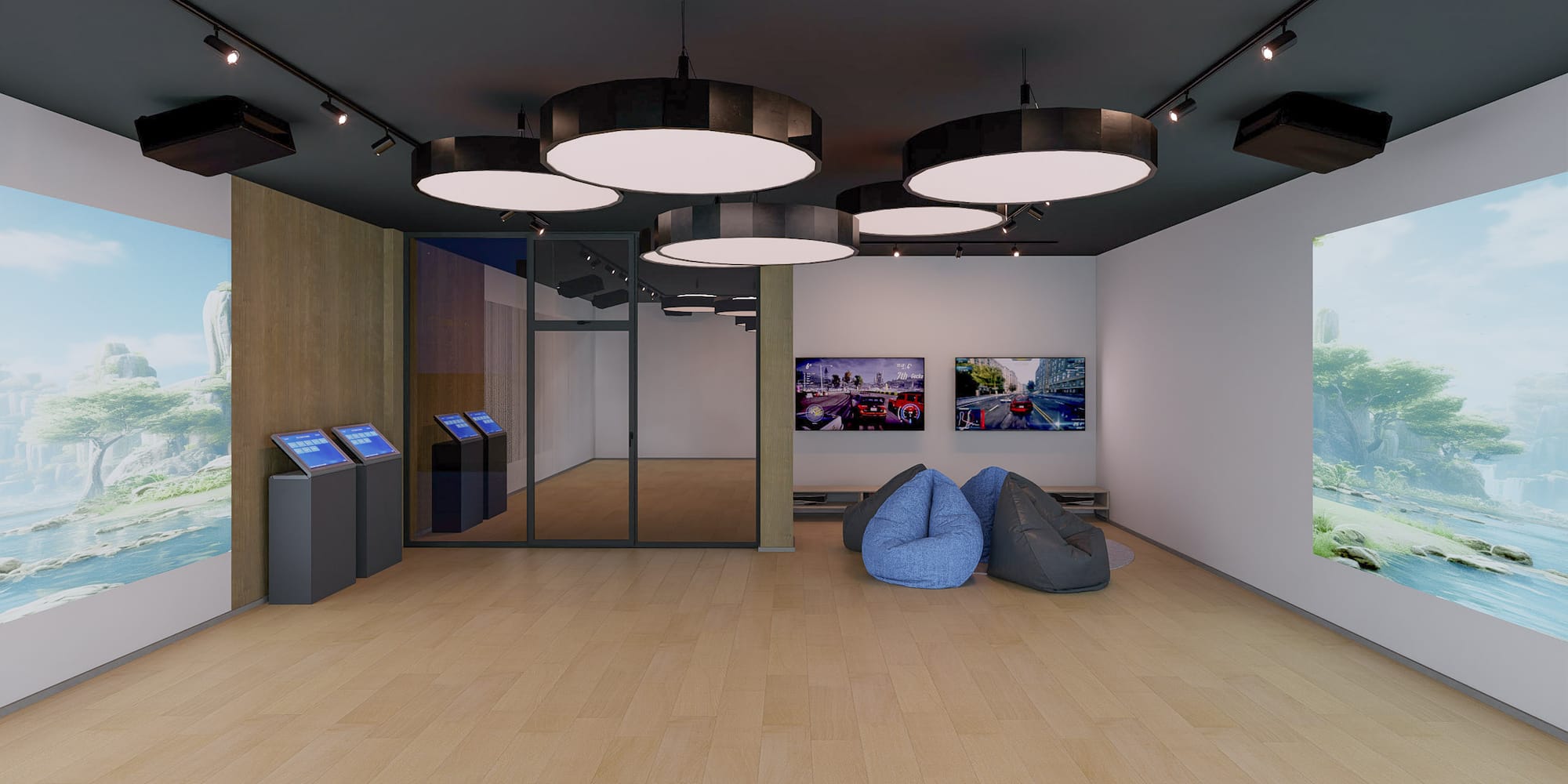 a room with a large screen and a large glass door