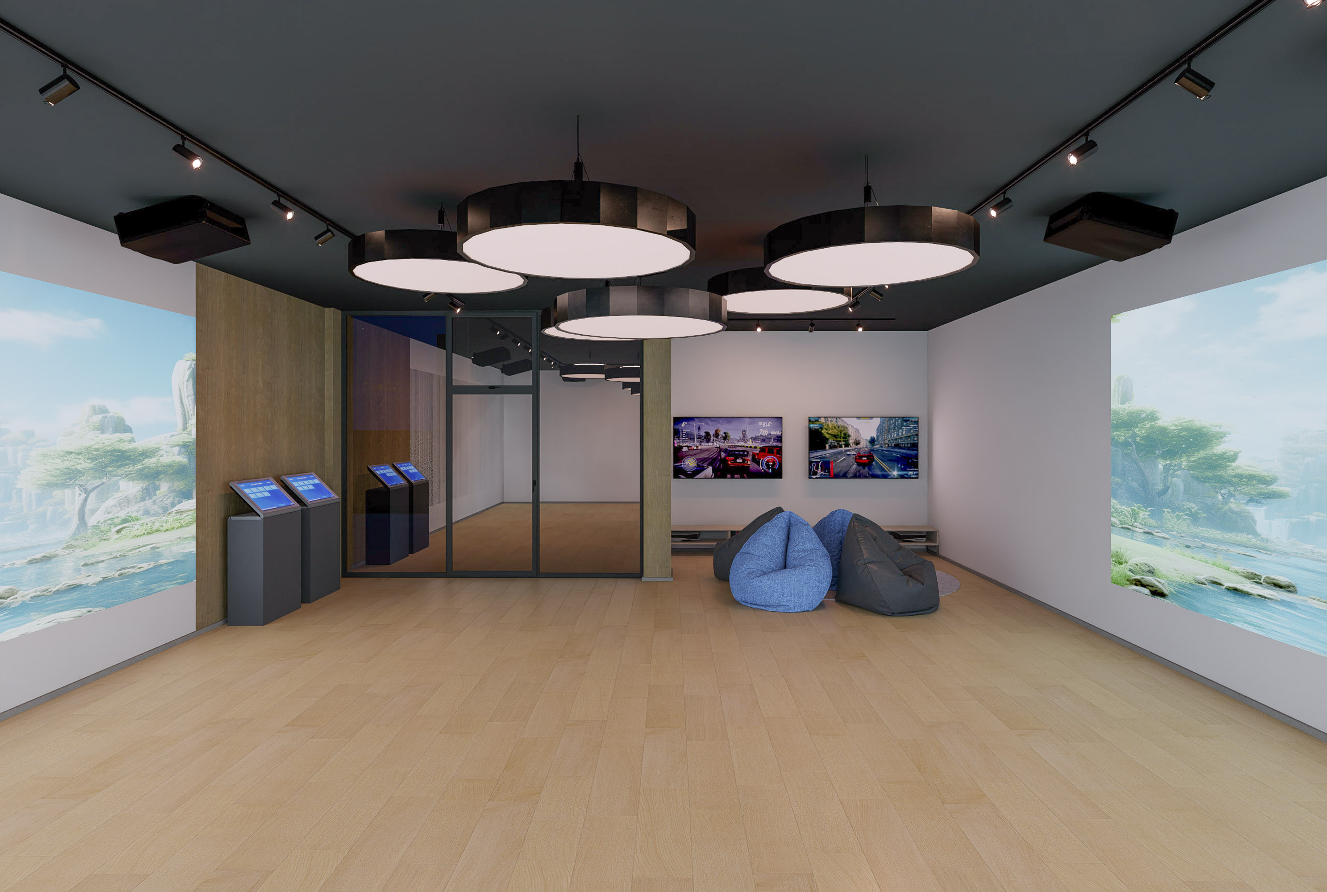 a room with a large screen and a large glass door