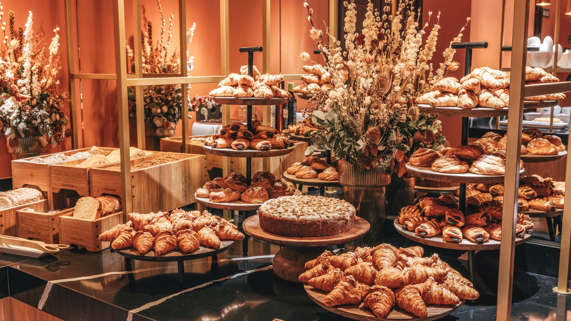 a display of pastries and bread