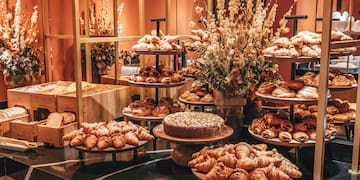 a display of pastries and bread