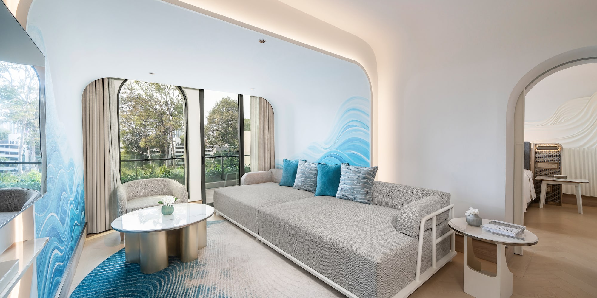 a living room with a couch and a table