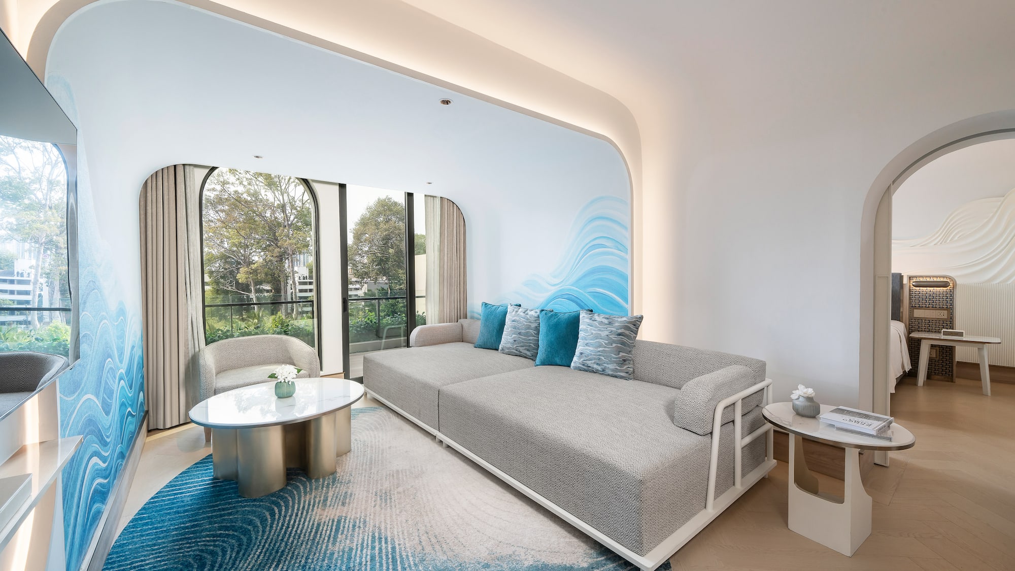 a living room with a couch and a table