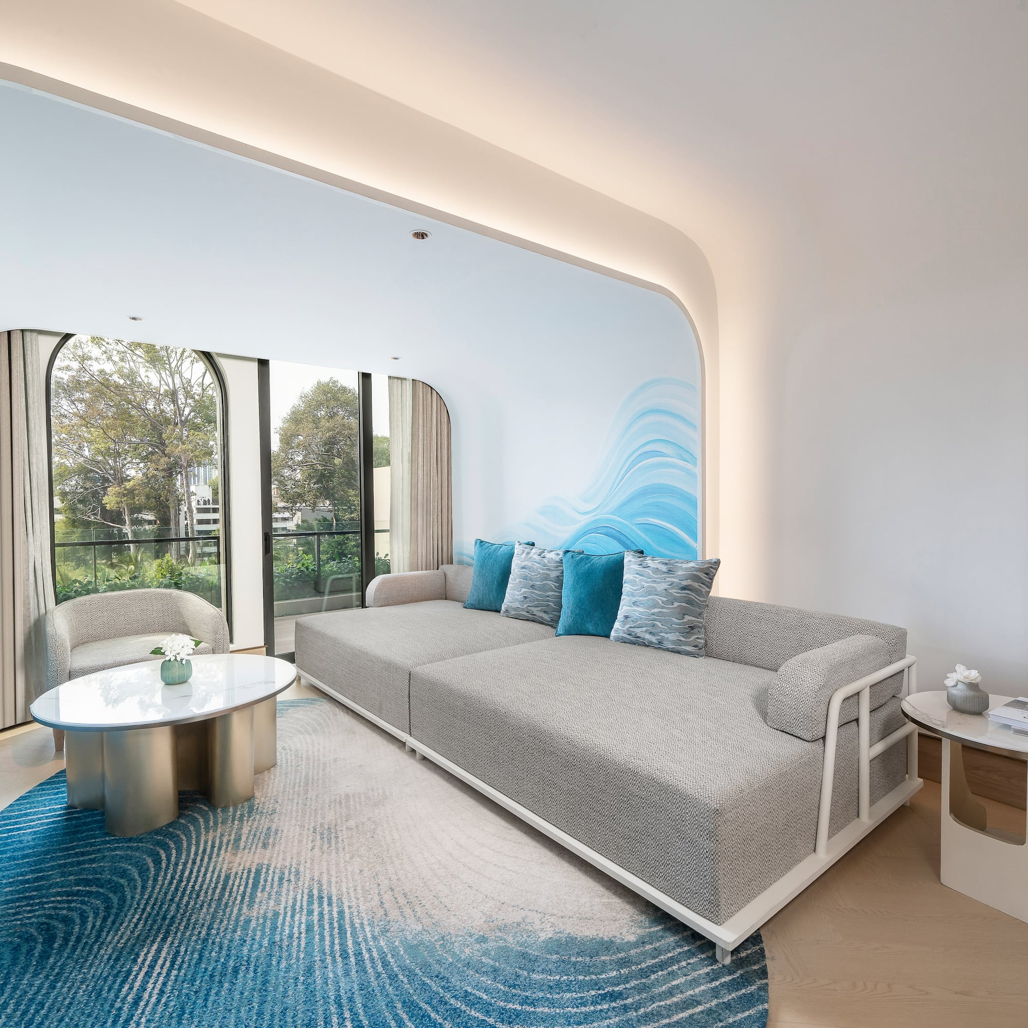 a living room with a couch and a table