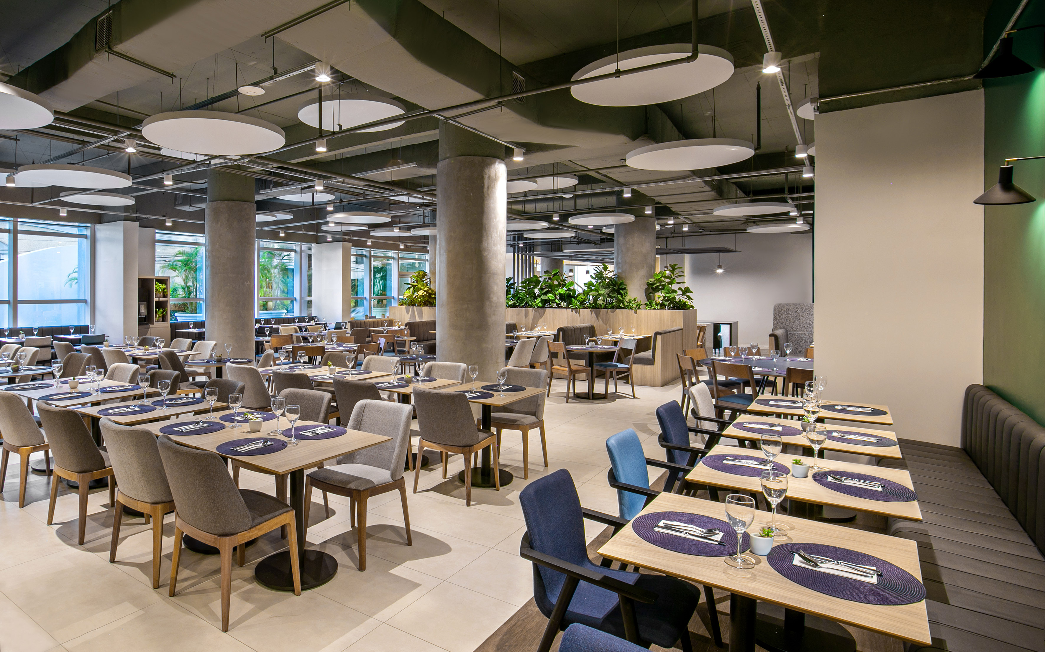 Modern restaurant dining room with set tables, large windows, and green plants.