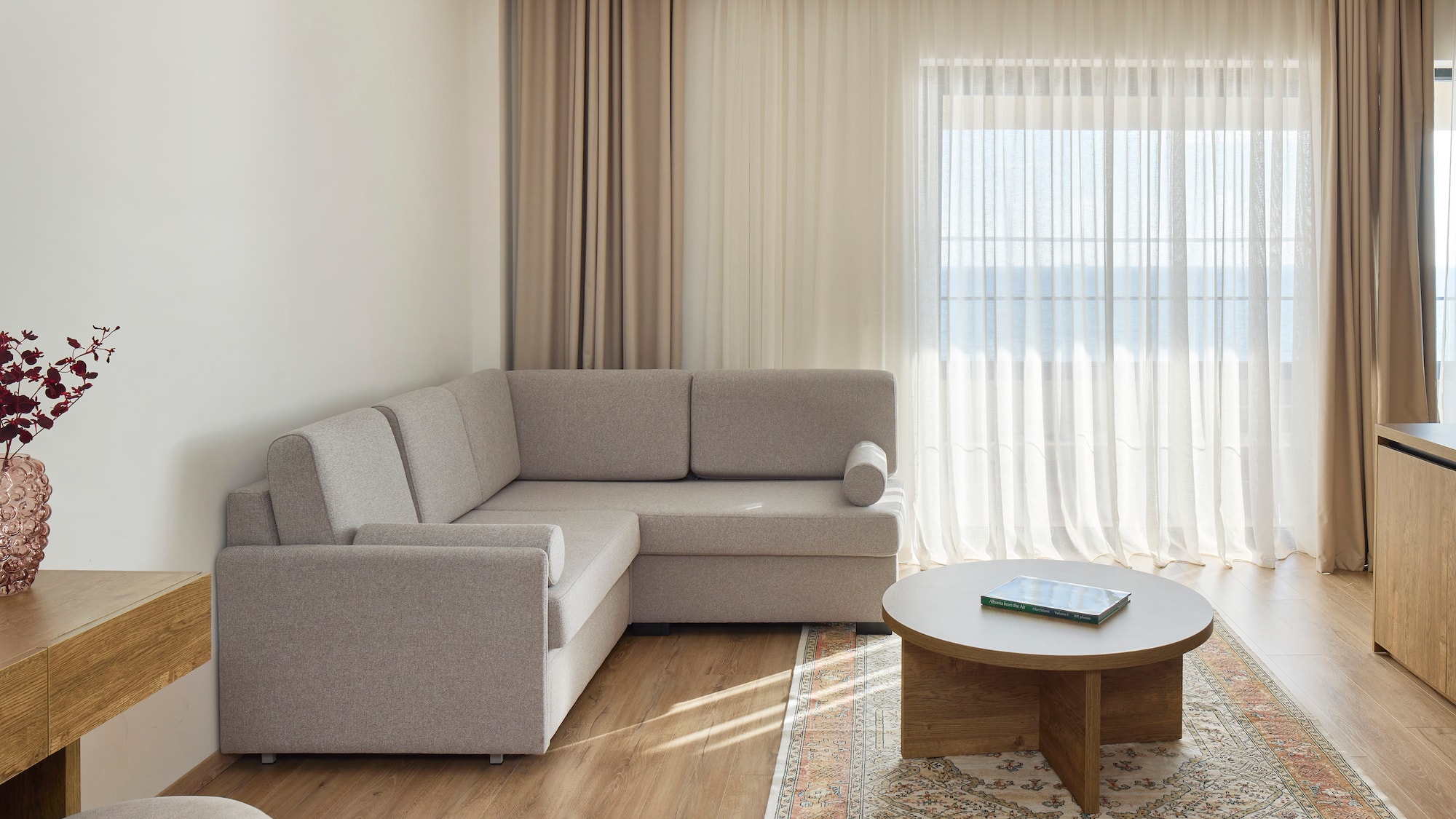 a living room with a couch and a coffee table