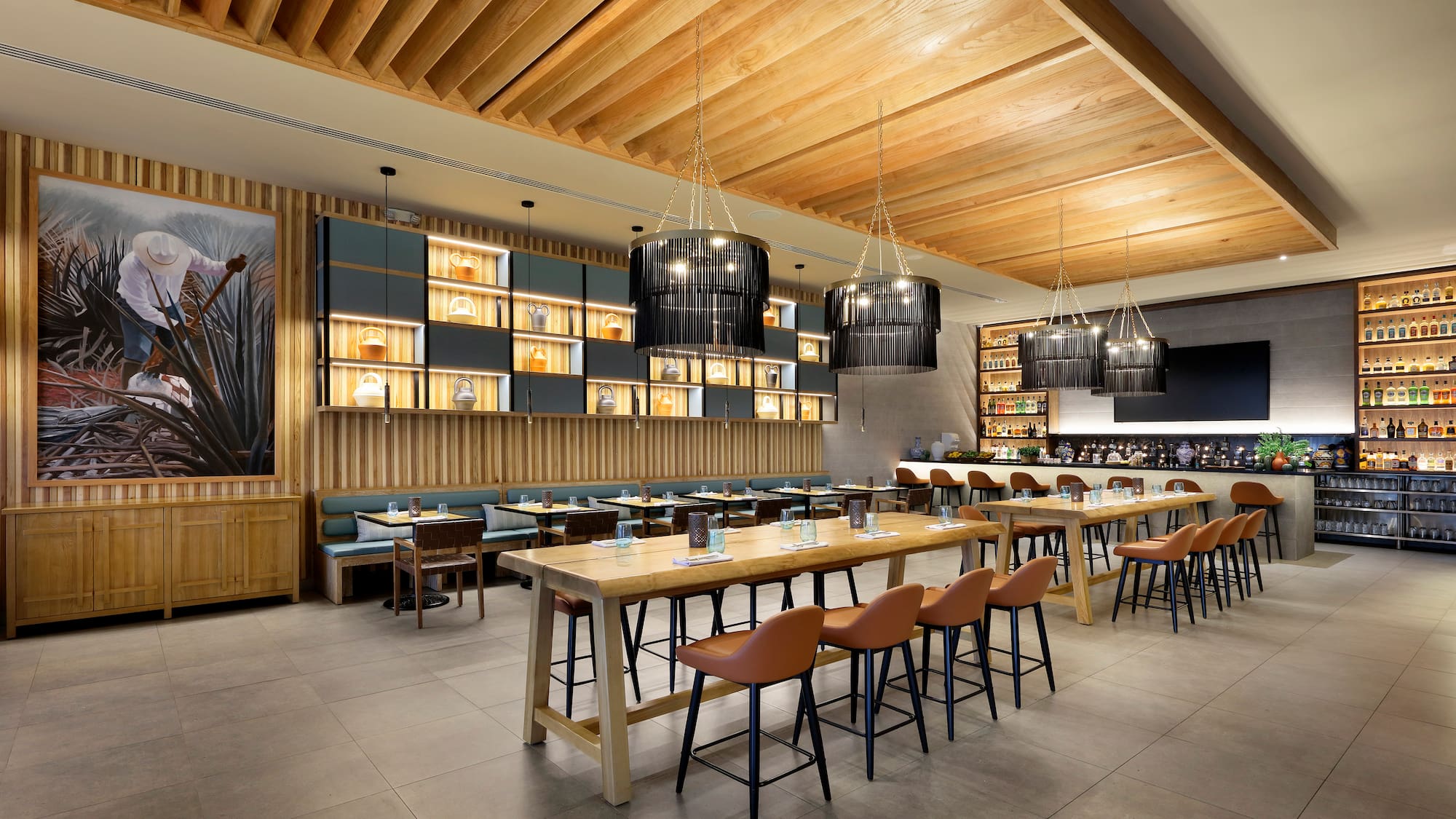 a large room with tables and chairs