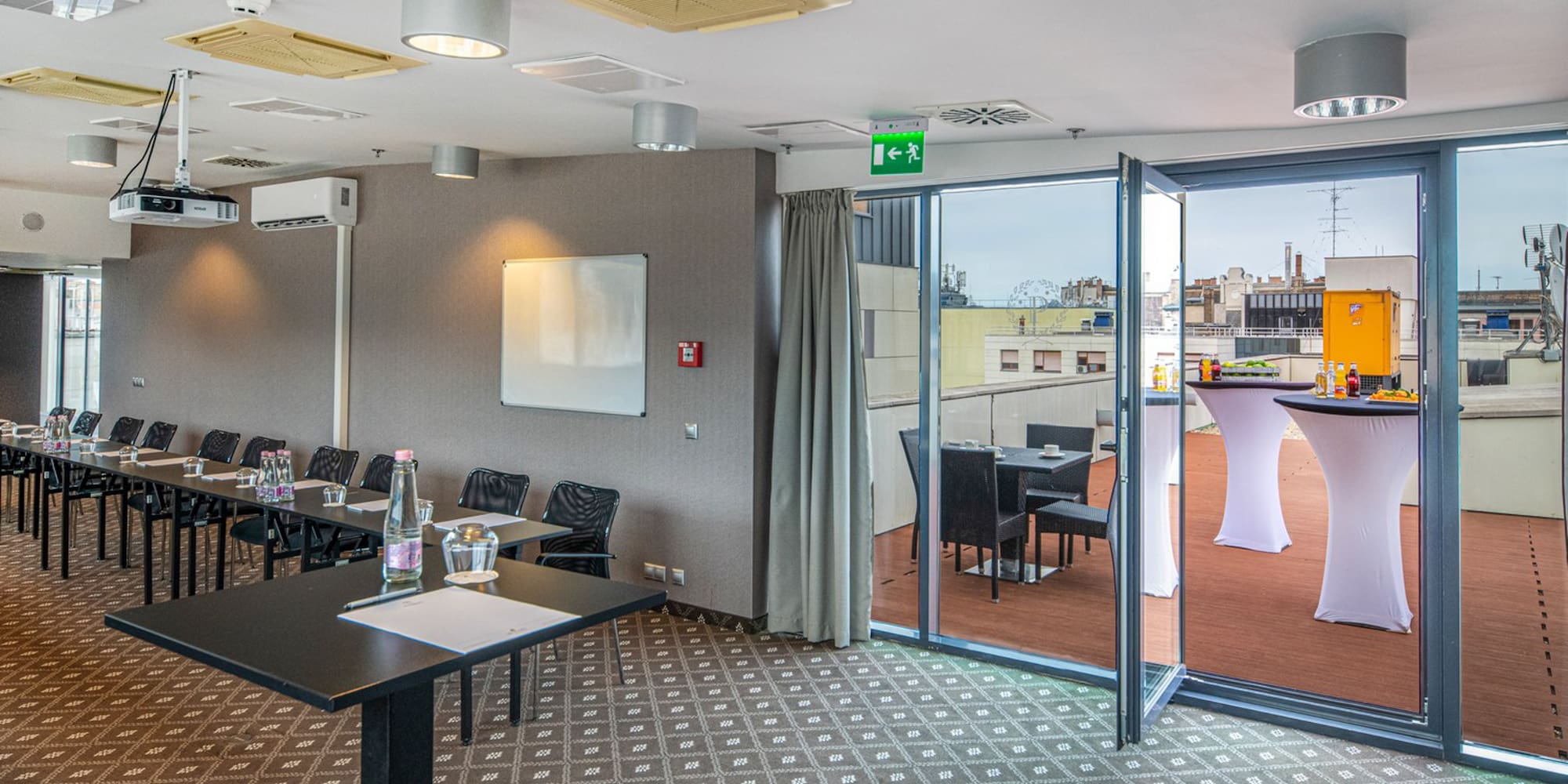 a room with tables and chairs