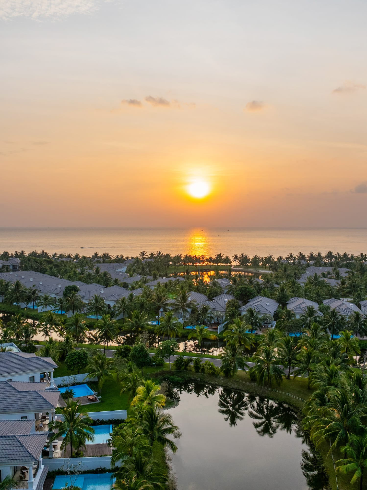 a group of houses with palm trees and a body of water