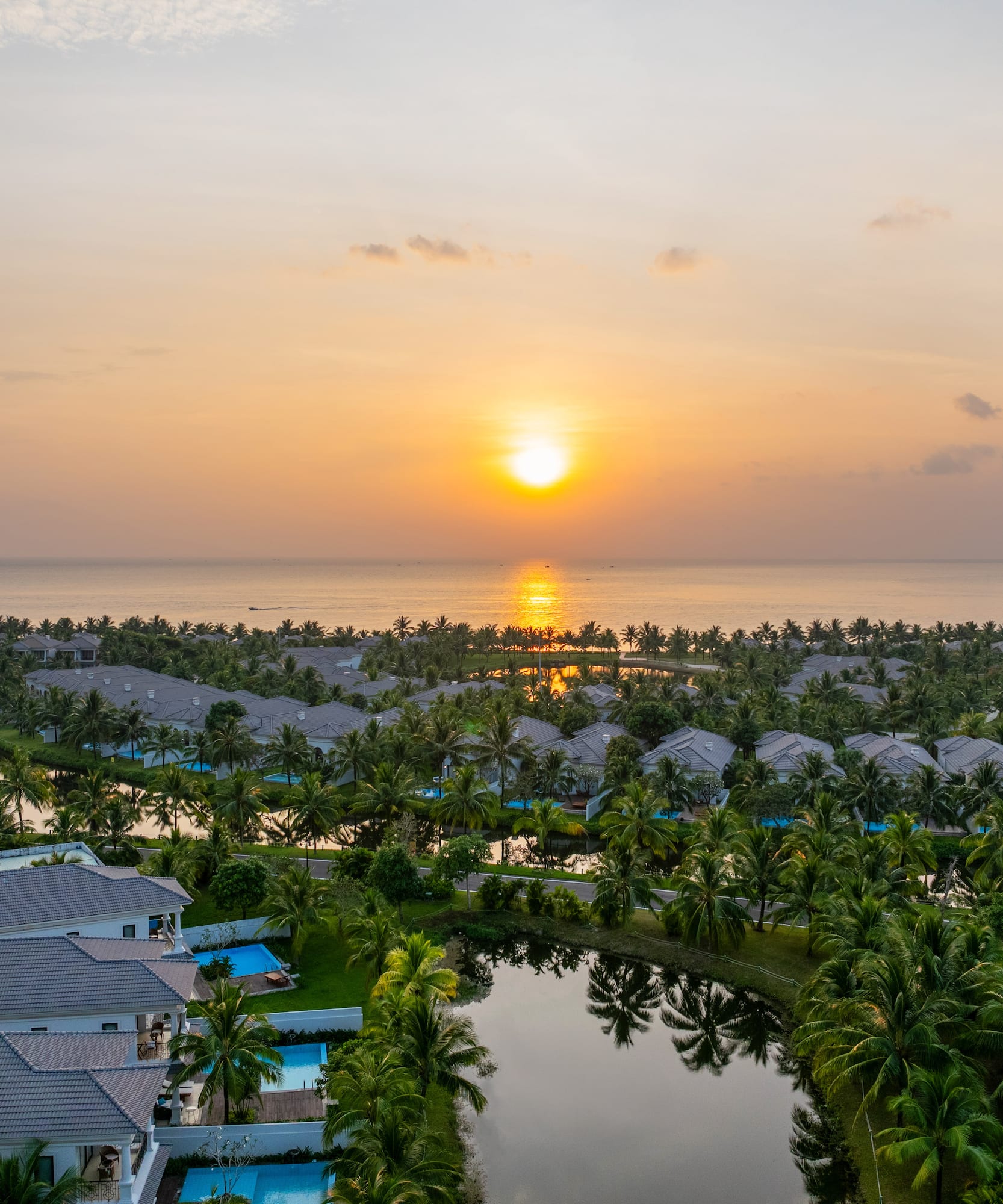 a group of houses with palm trees and a body of water
