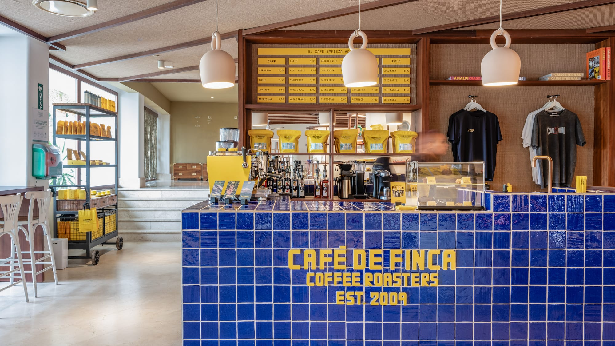 a blue tile counter with yellow text