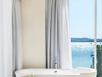 a bathtub in a room with a view of water and trees