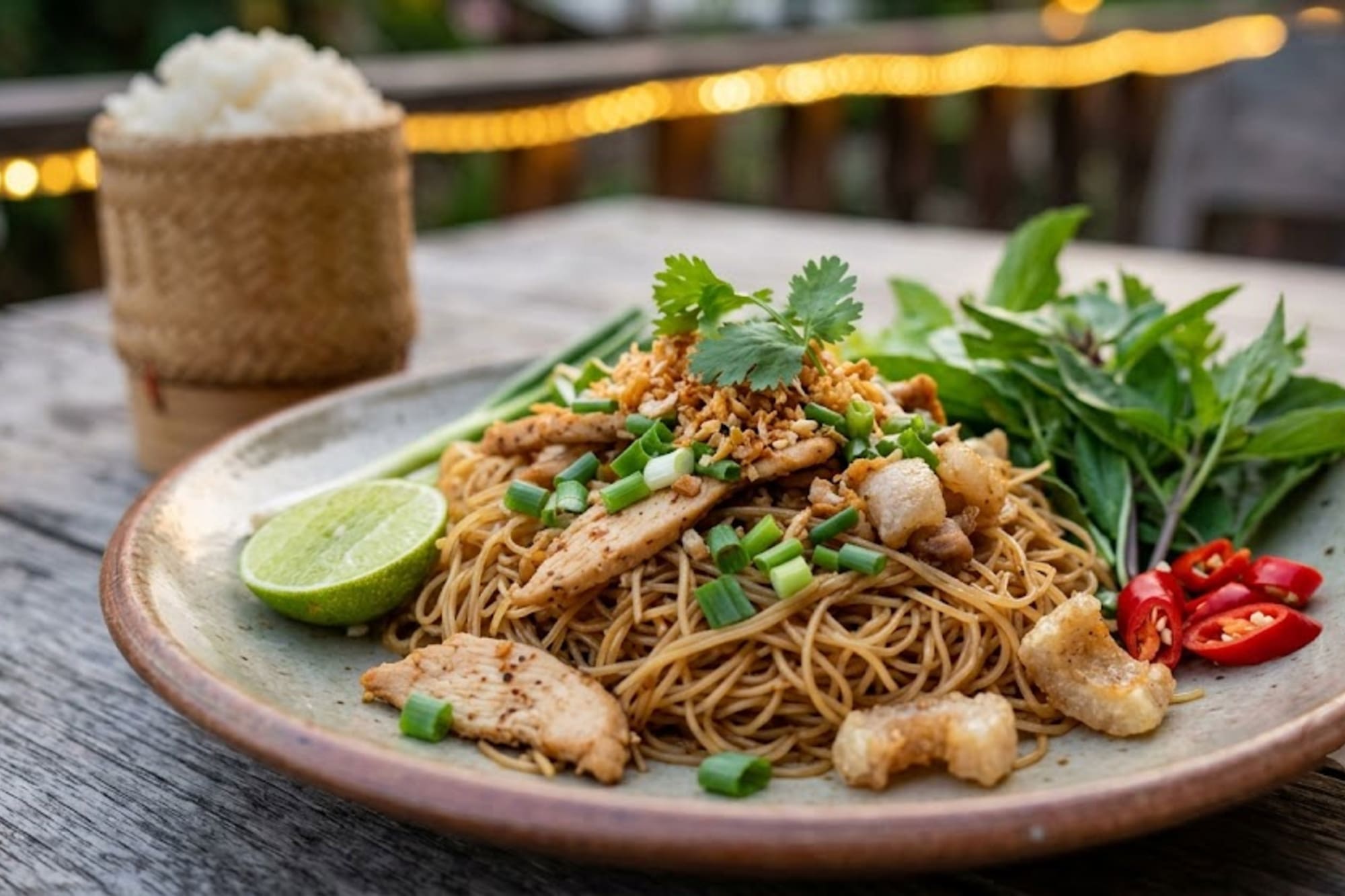 Thai chicken noodles with lime, chili, basil, and sticky rice.