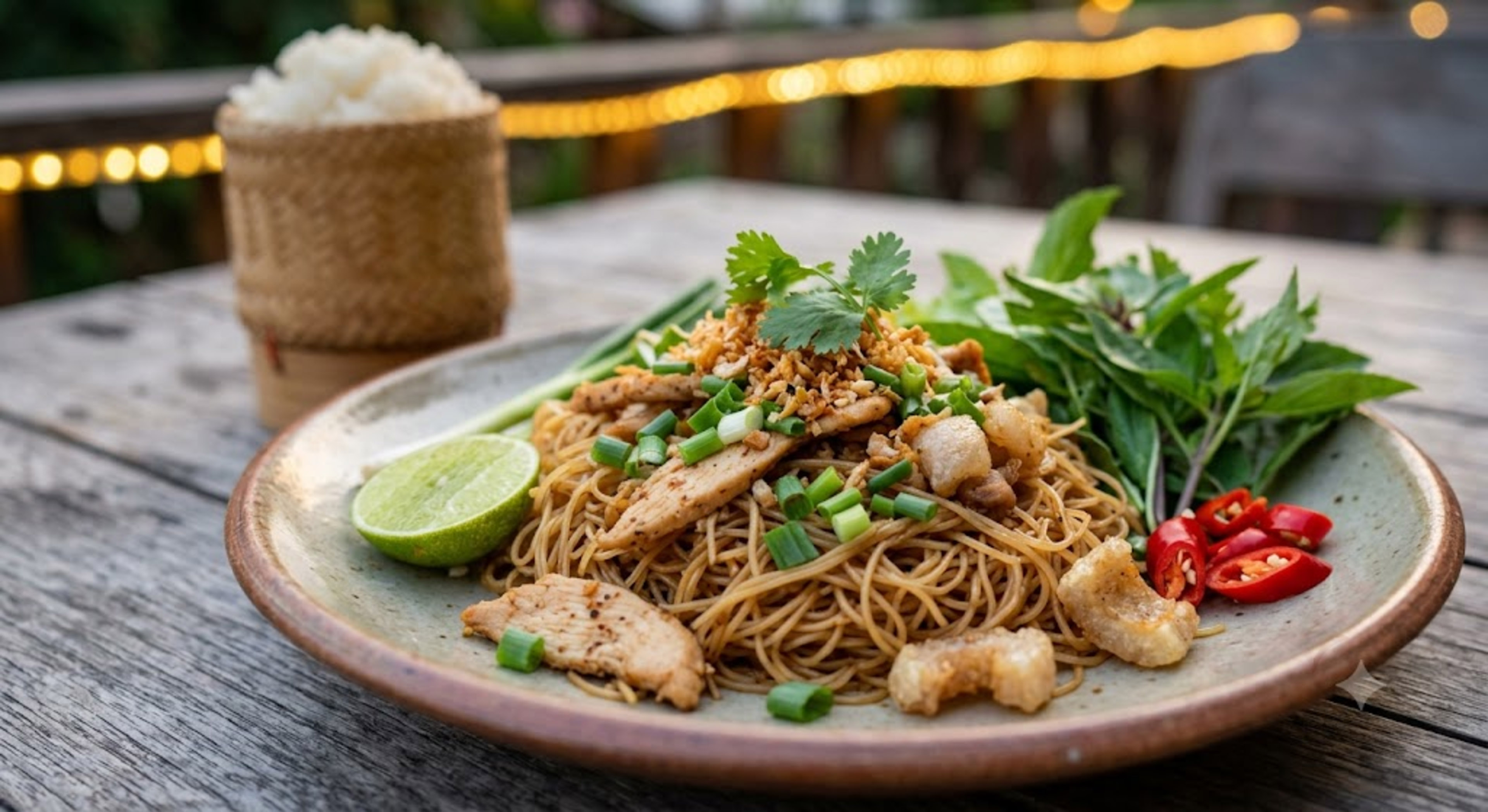 Thai chicken noodles with lime, chili, basil, and sticky rice.