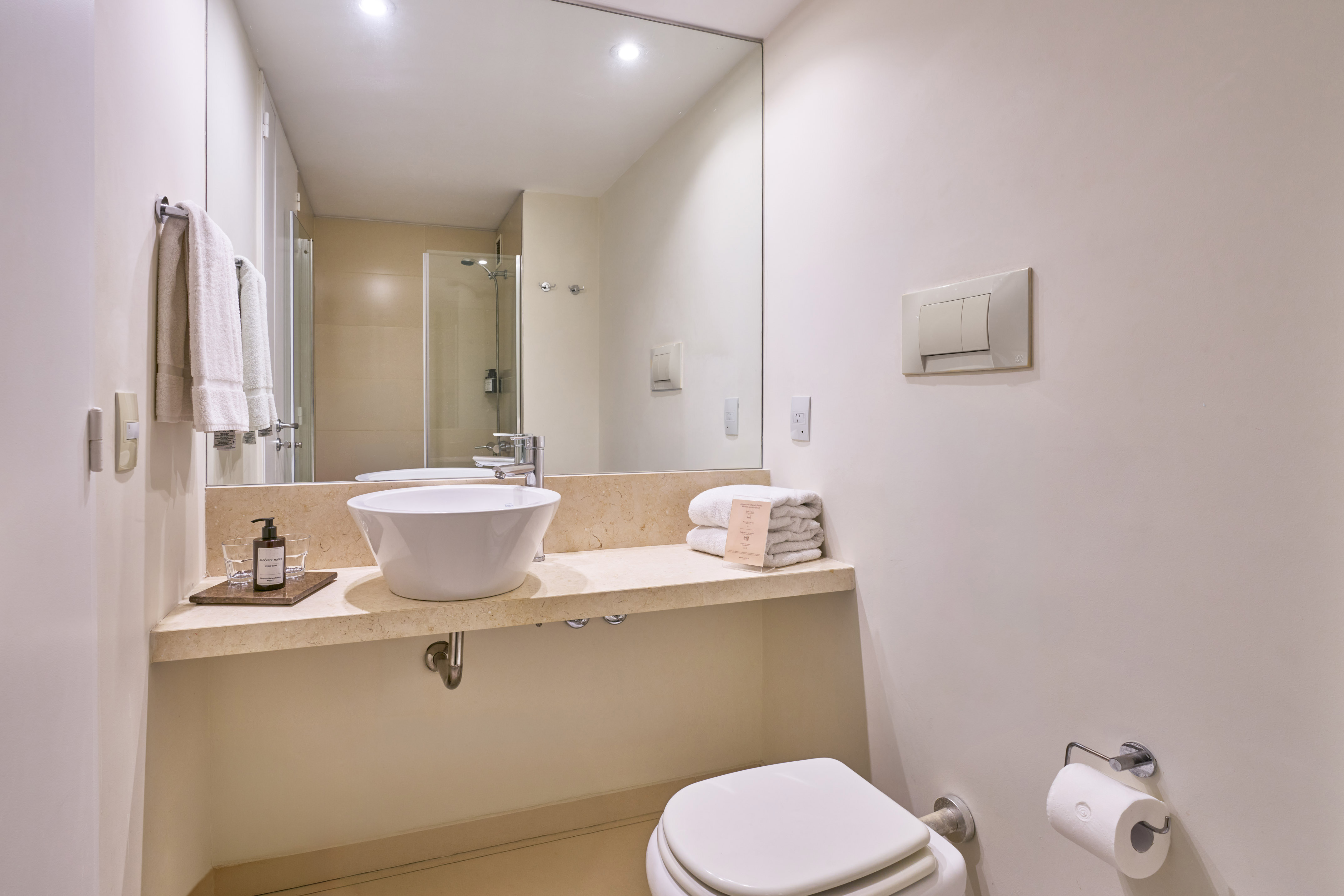 Modern hotel bathroom with white sink, beige counter, large mirror, and toilet.