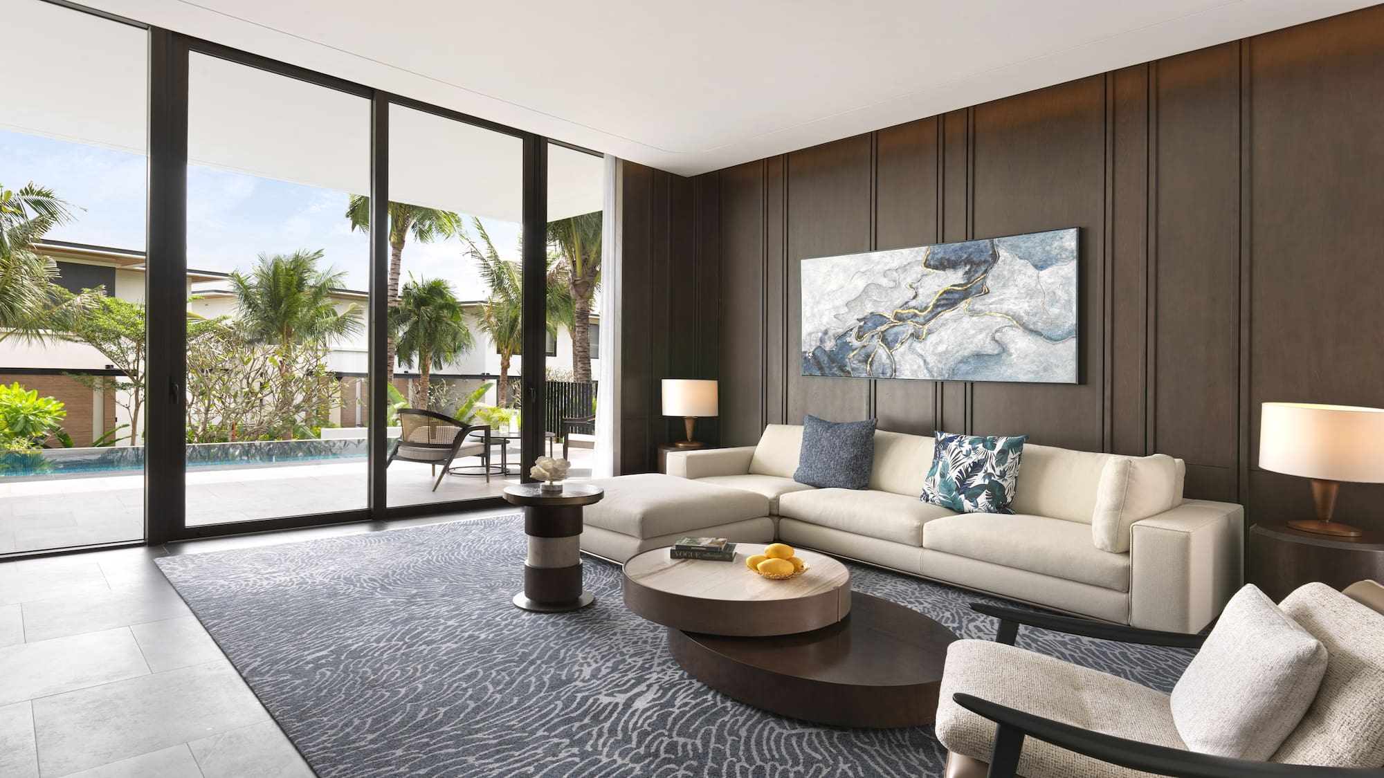 a living room with a couch and a table