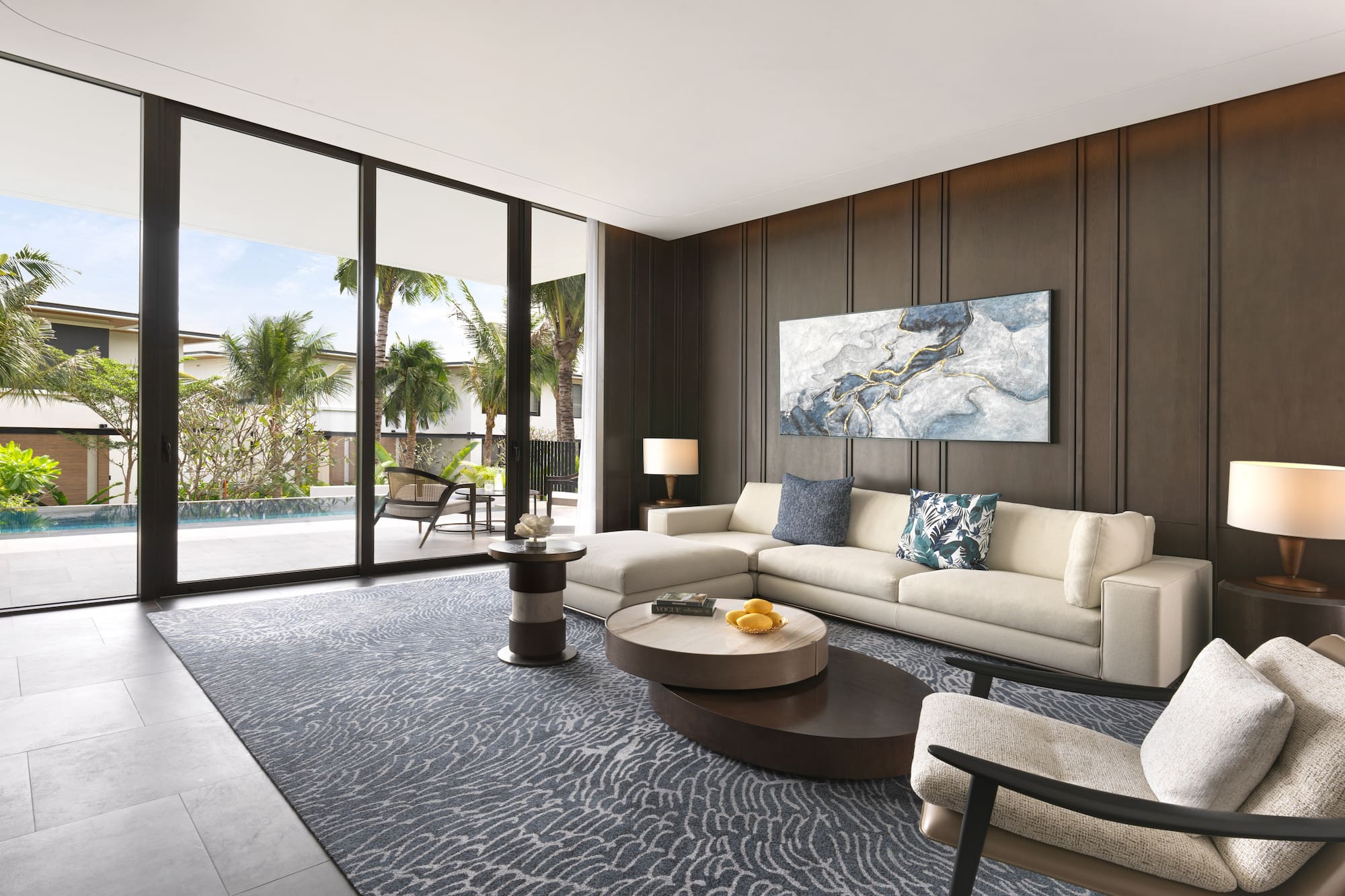 a living room with a couch and a table